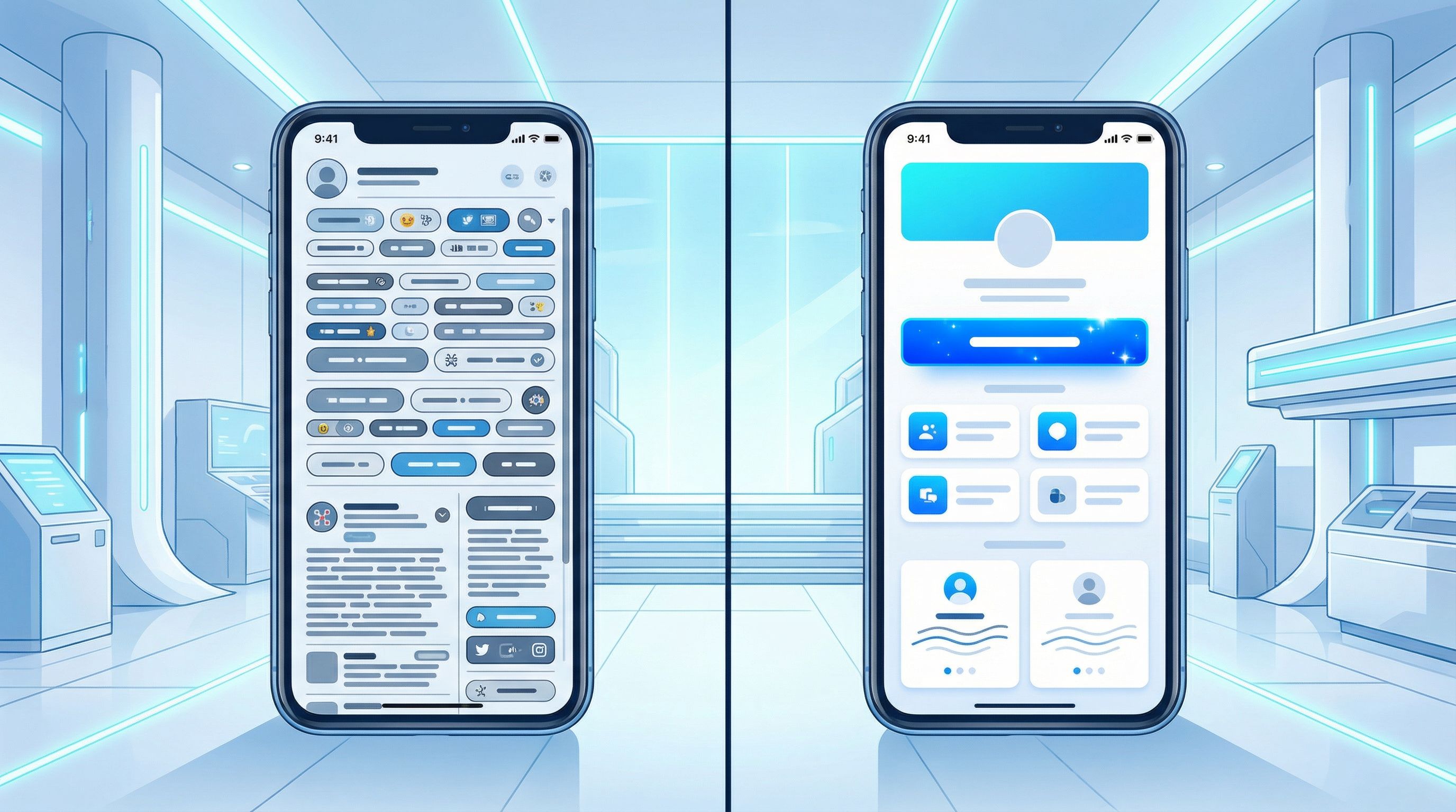 Split-screen modern illustration: on the left, a cluttered, text-heavy link-in-bio page with many sm
