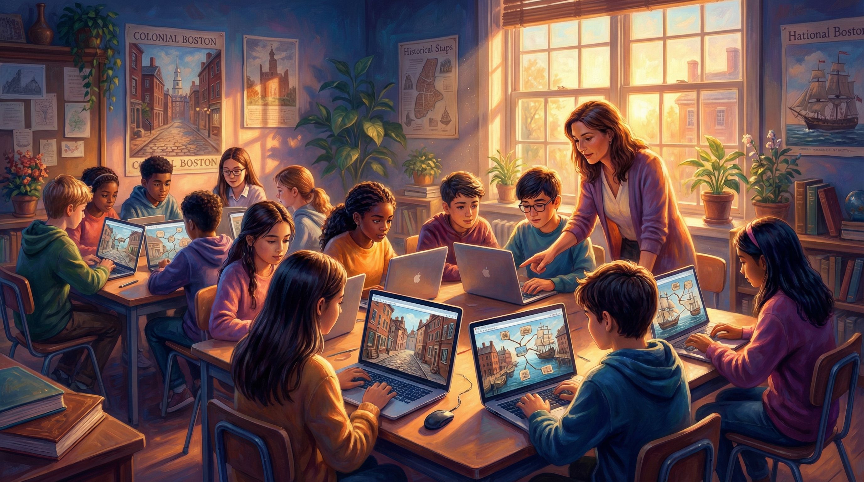 Middle school classroom with diverse students gathered around laptops, screens showing branching sto