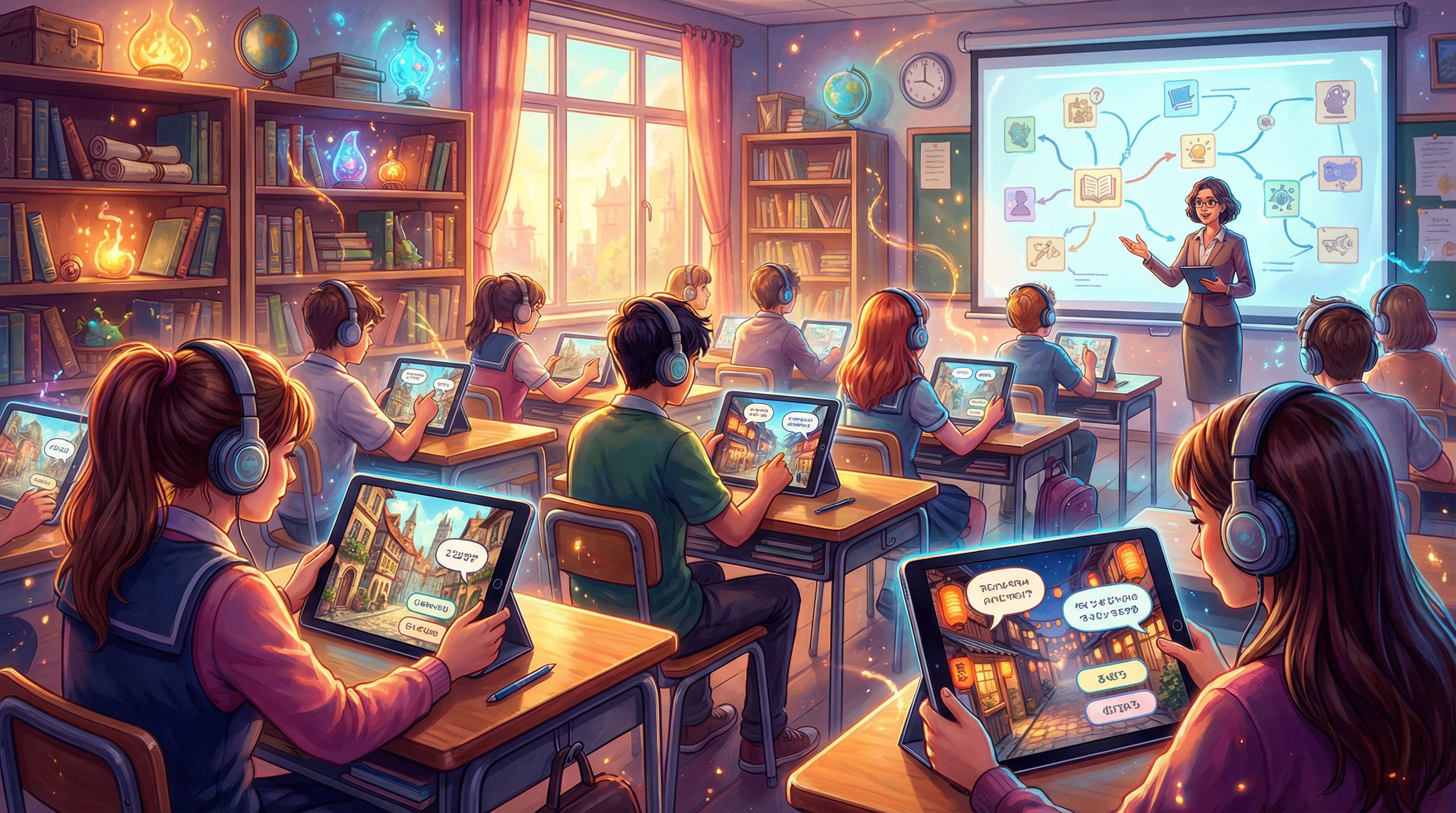 High school students wearing headphones and using tablets at their desks, screens showing illustrate