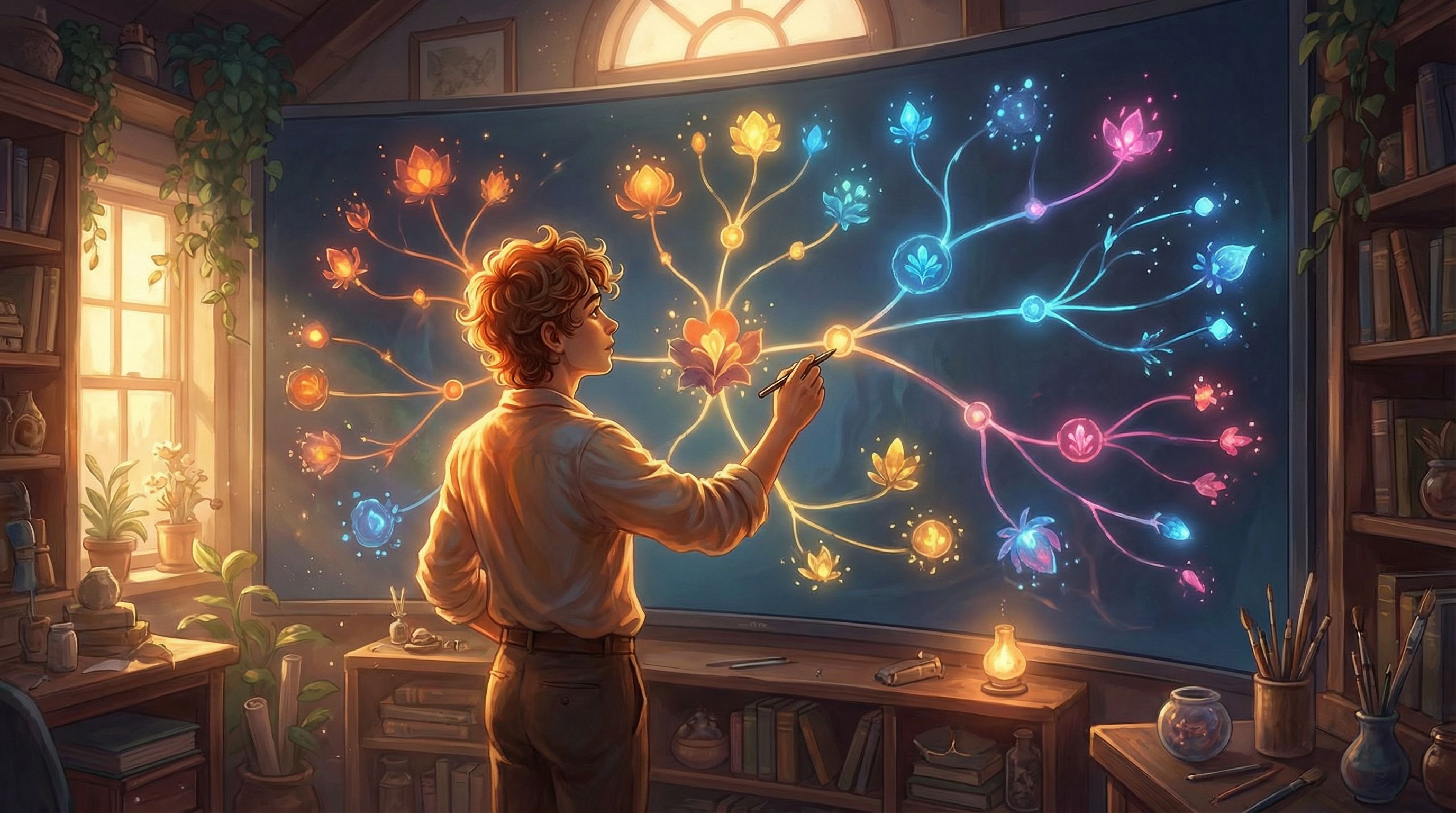 branching story tree UI with colorful nodes and connecting lines, a creator arranging story paths on