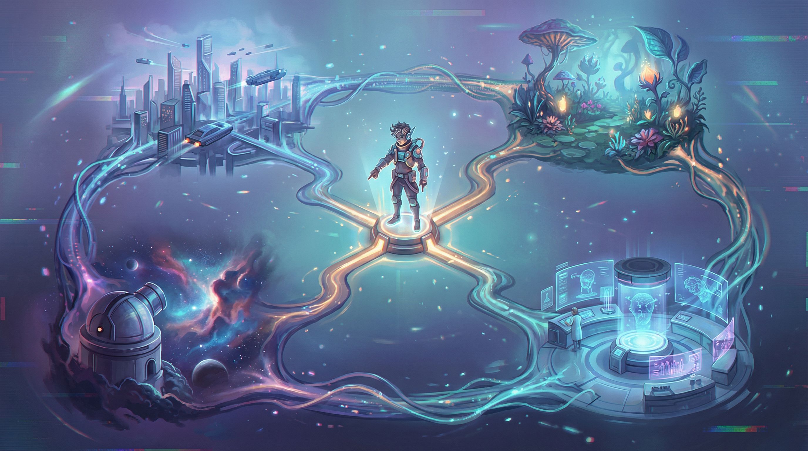 looping timeline visual with repeating scenes connected in a circle, a character standing at the cen