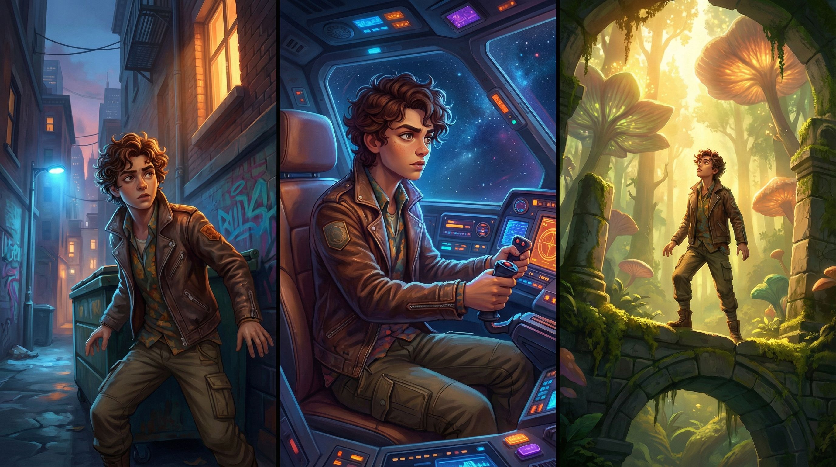 Split-screen image showing the same stylized character in three different scenes (city alley, spaces