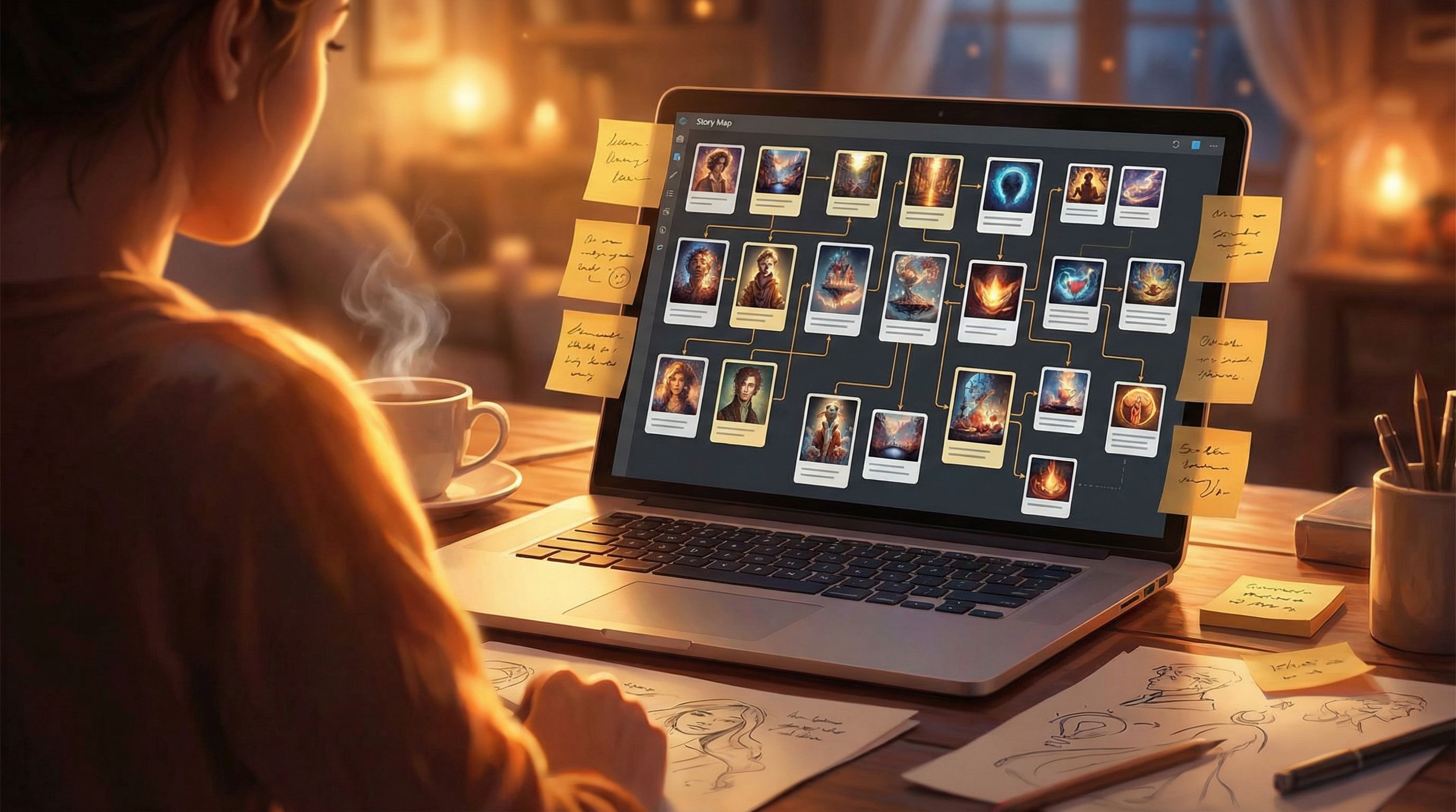 Over-the-shoulder view of a creator working on a branching story map on a laptop, with panels showin