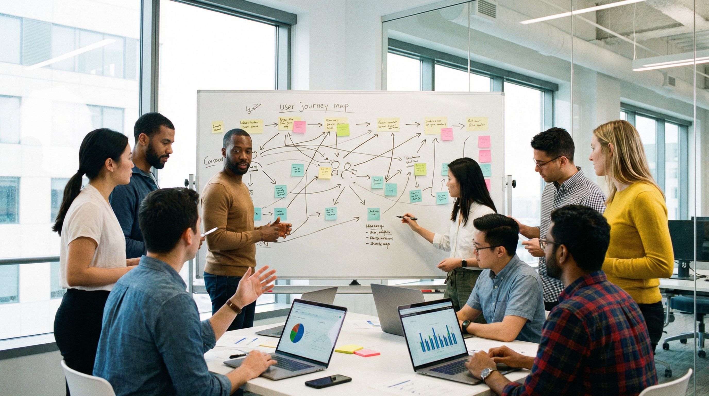 a product team gathered around a large whiteboard covered in a user journey map, sticky notes, and a