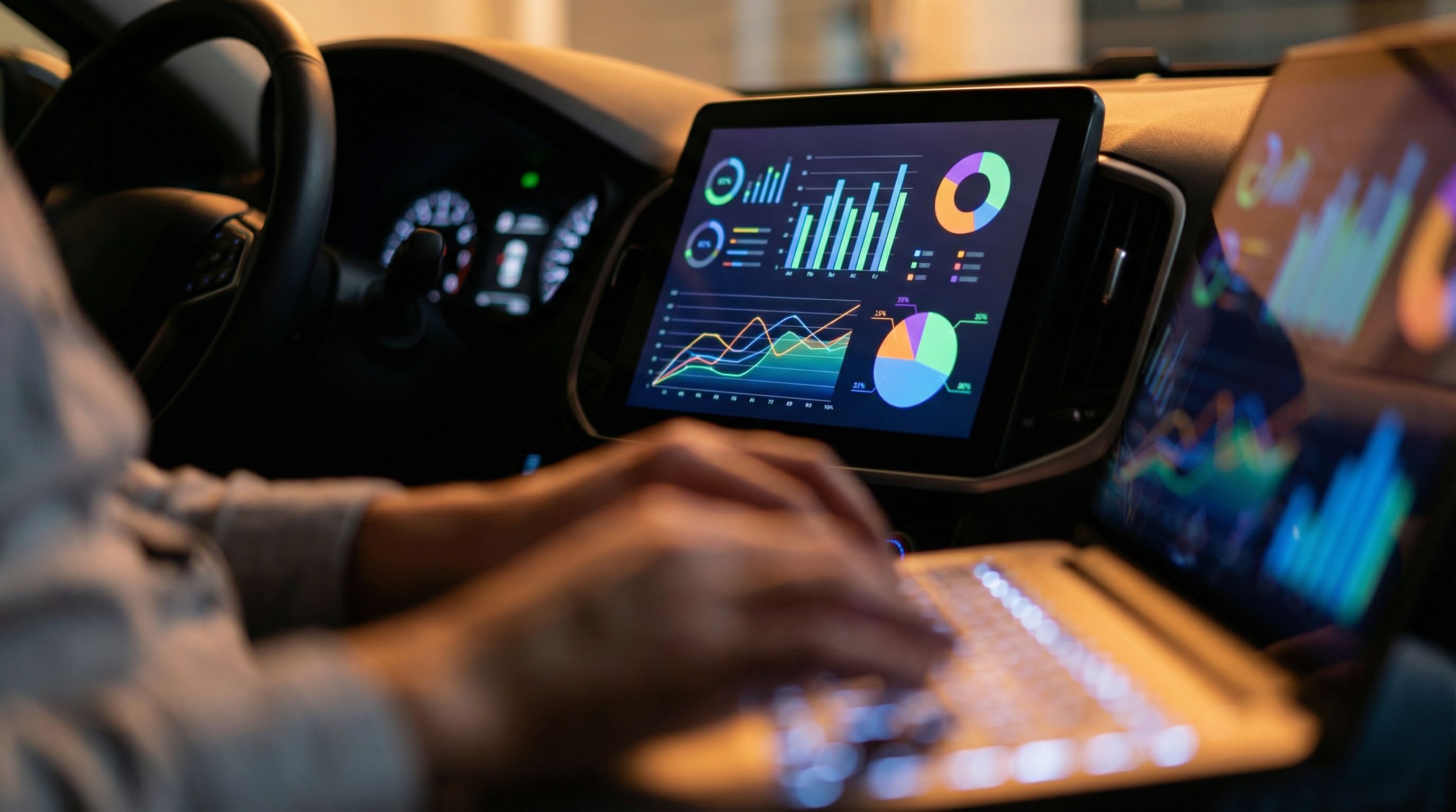 close-up of a dashboard screen showing colorful charts and graphs of user feedback metrics, with blu