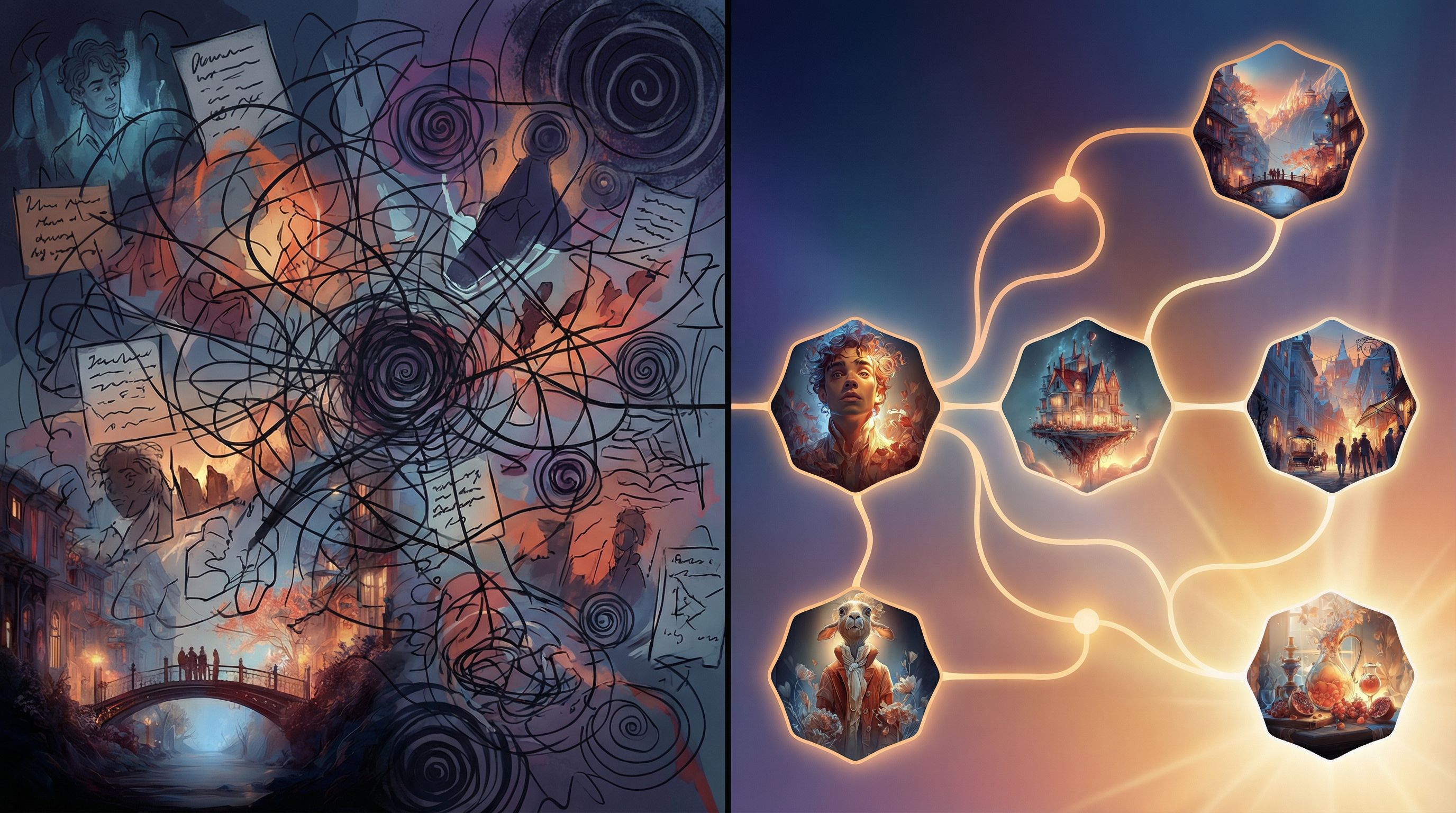 split-screen image showing on the left a tangled, overwhelming story map and on the right a clean, o