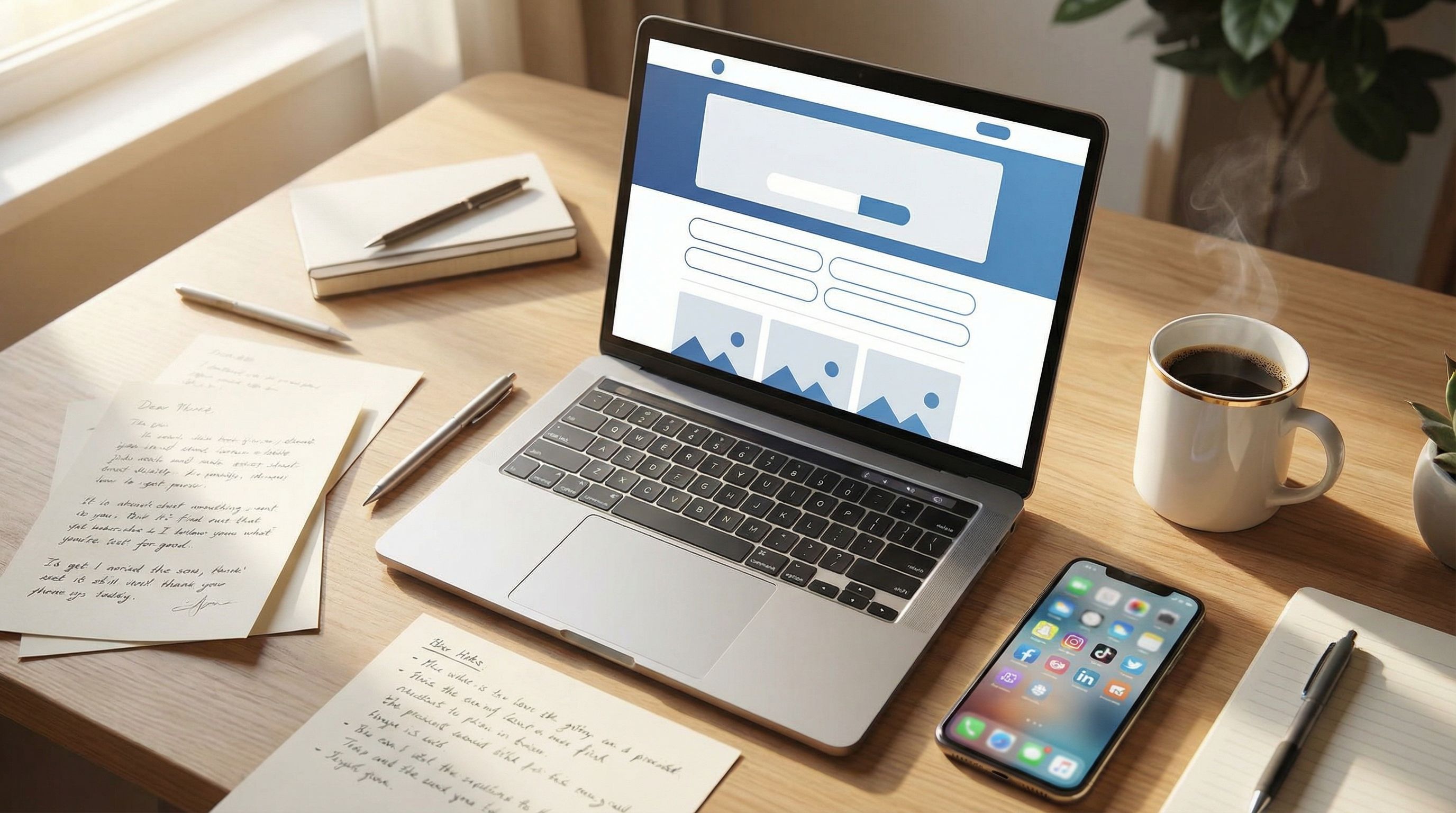 Overhead view of a creator’s laptop screen showing a beautifully designed link-in-bio page with a bo