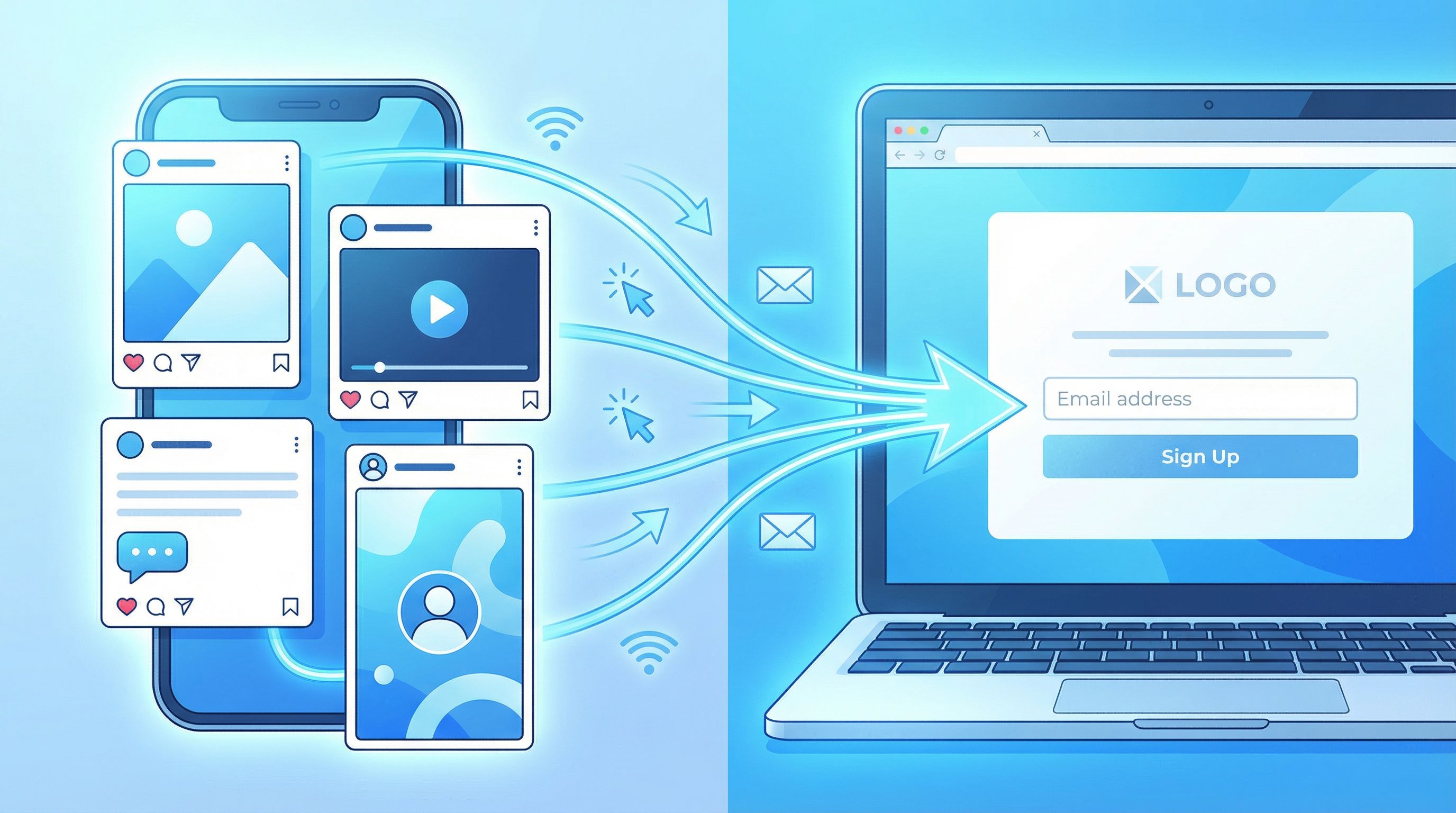 Split-screen illustration of multiple social media posts on a smartphone funneling into a single bra
