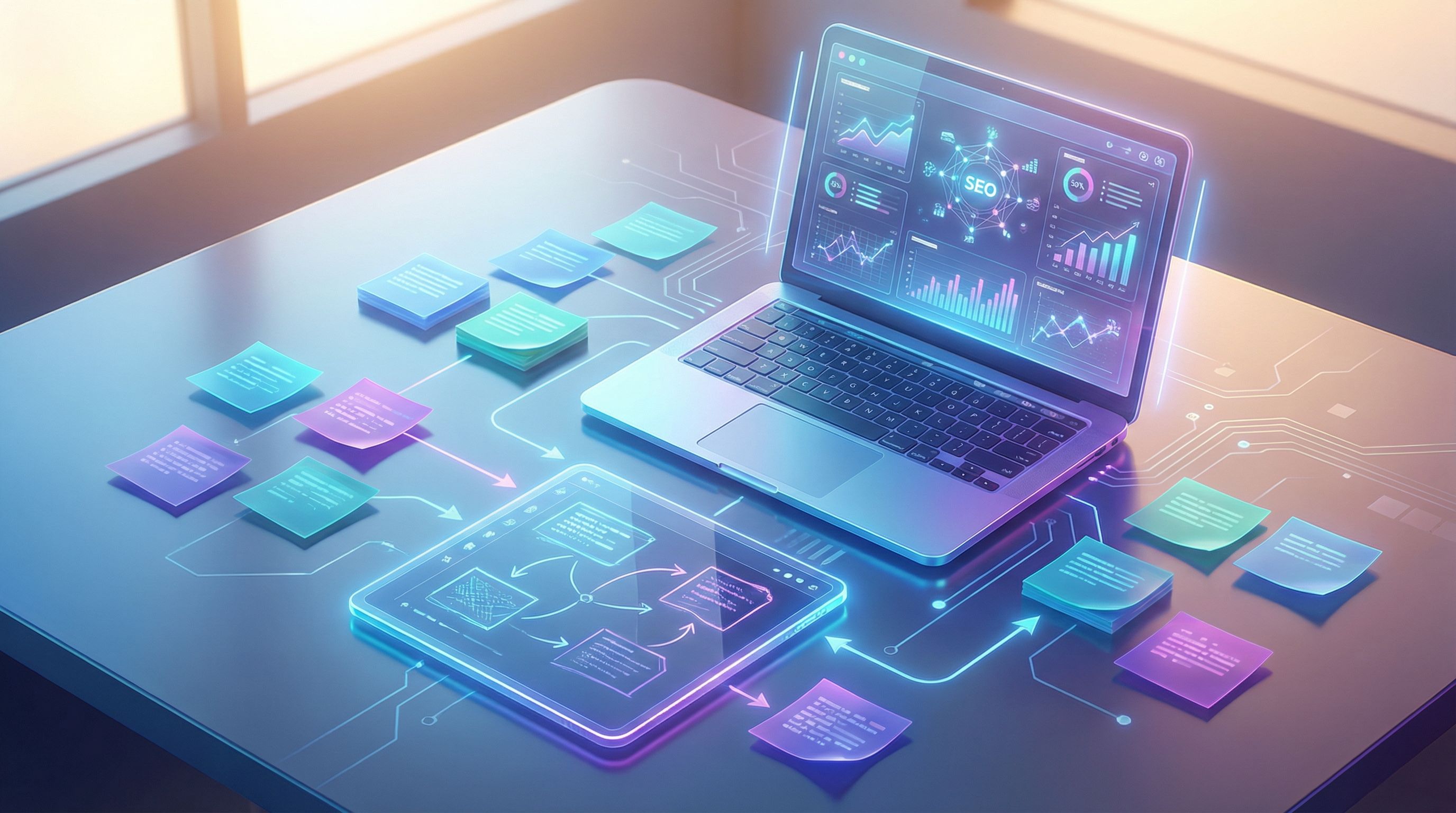 An overhead view of a content strategist’s desk with a laptop showing an SEO dashboard, sticky notes