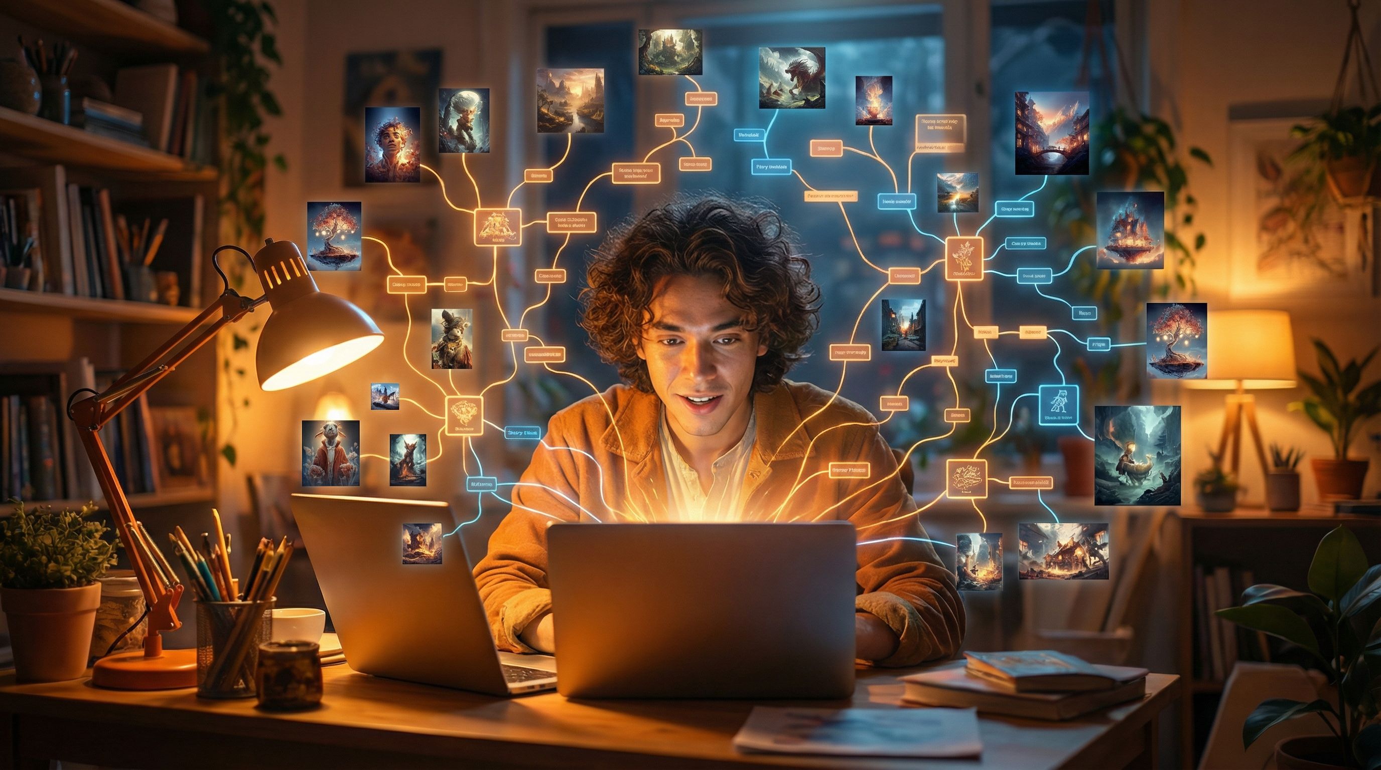 a creator at a laptop surrounded by floating branching story nodes and AI-generated images, warm stu