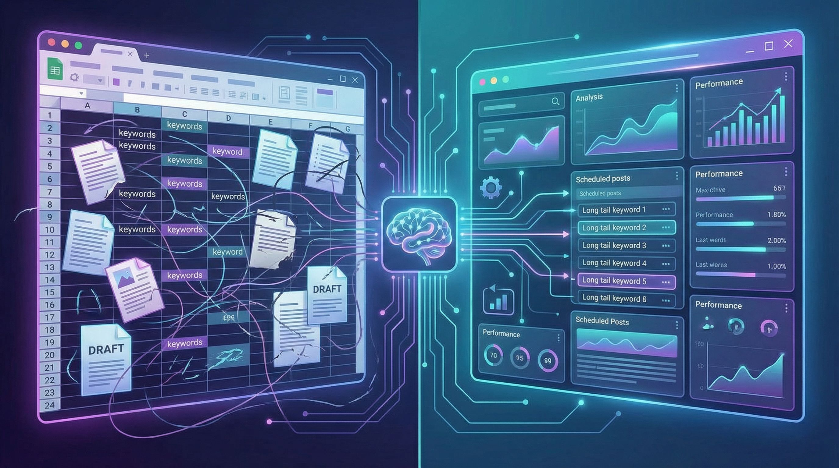 A split-screen illustration showing on the left a chaotic spreadsheet of keywords and unfinished dra