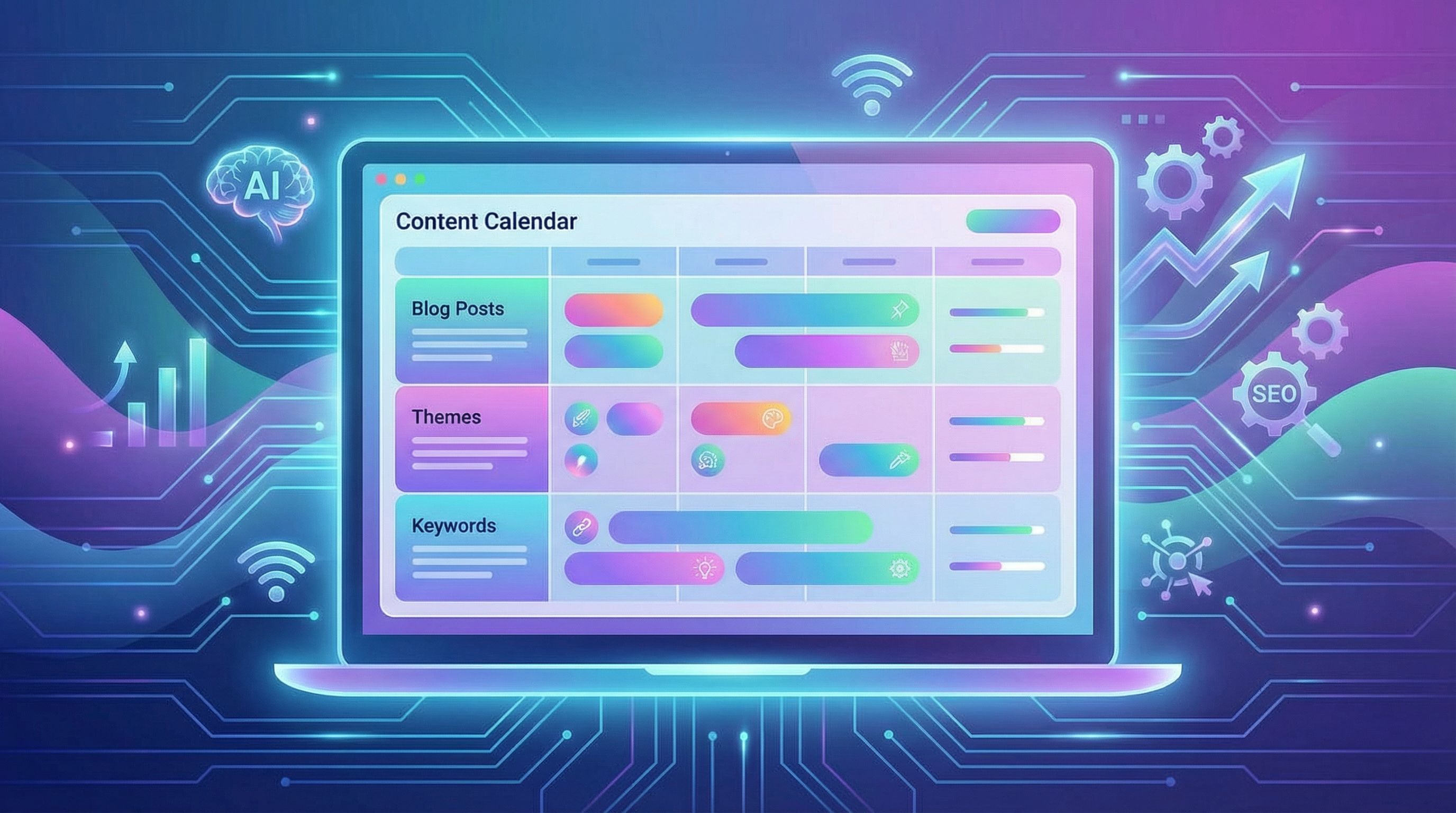 Screenshot-style illustration of a colorful content calendar on a laptop screen, with rows for blog