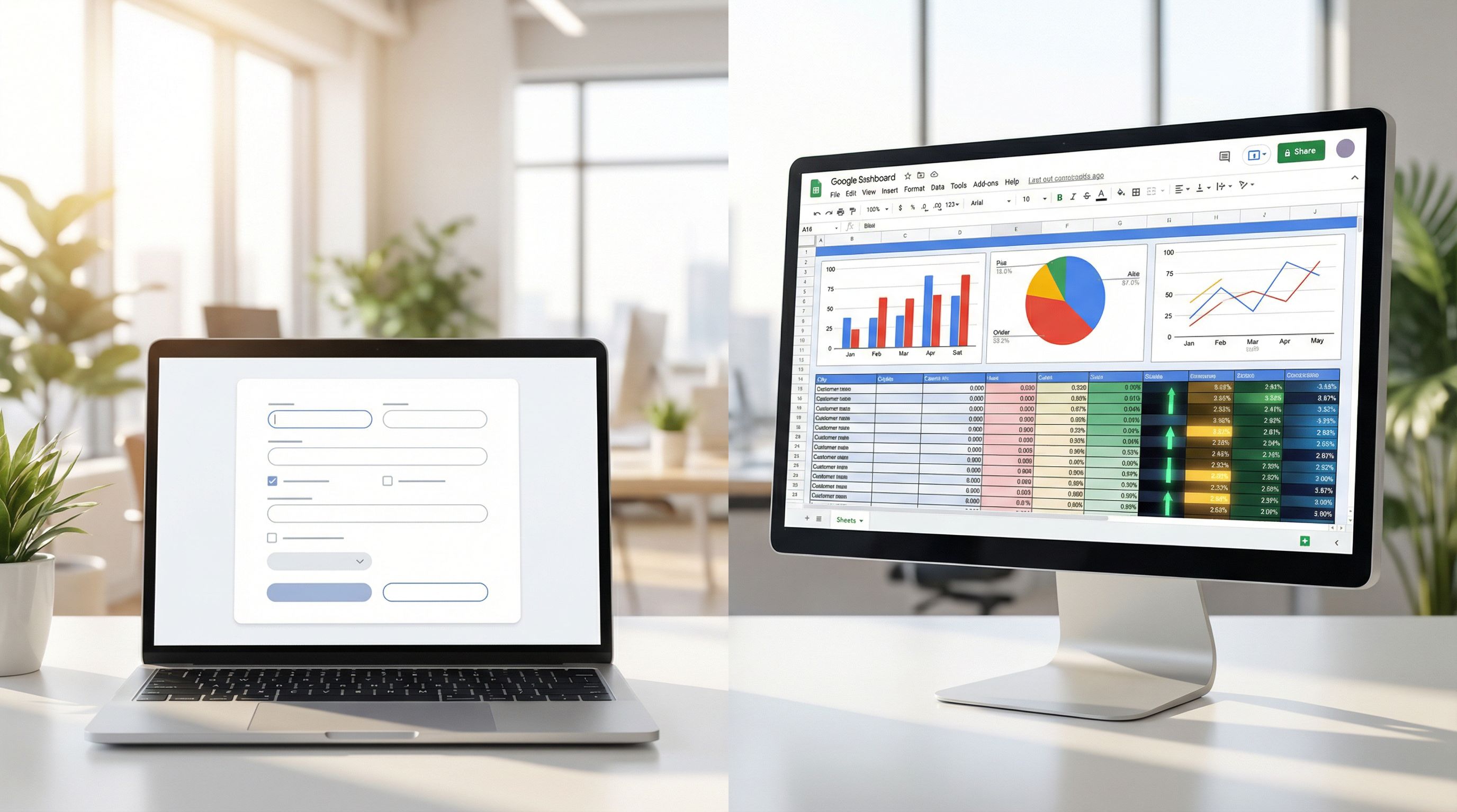 a split-screen scene showing on the left a sleek, minimalistic online form on a laptop and on the ri