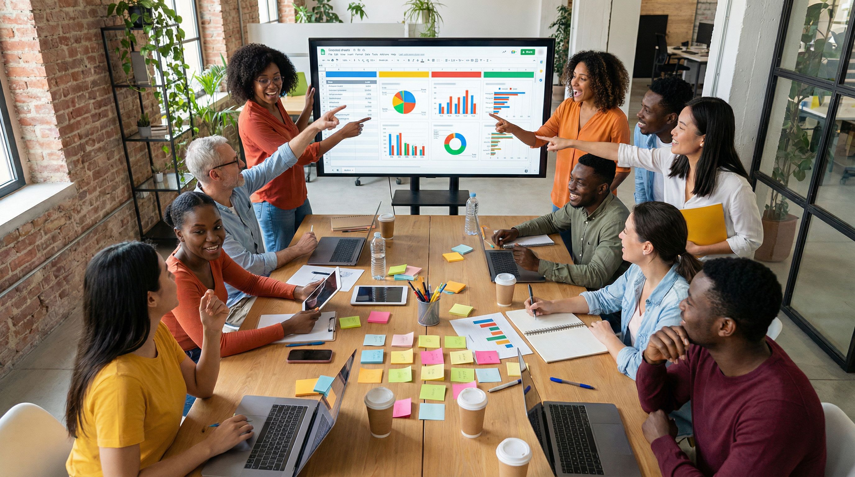 overhead view of a collaborative workspace with diverse team members gathered around a large screen