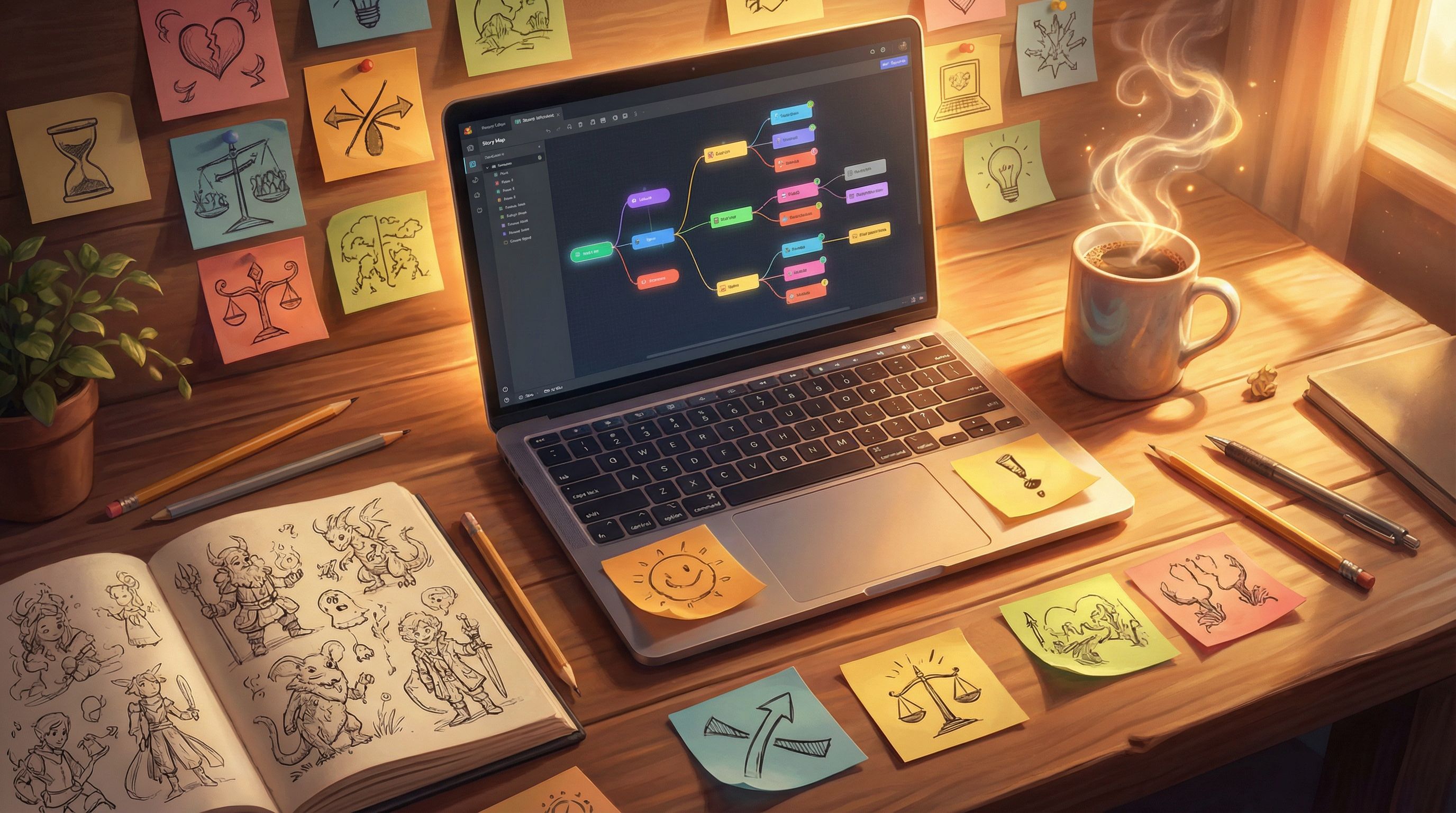 Overhead view of a cozy creator’s workspace with a laptop screen showing a colorful branching story