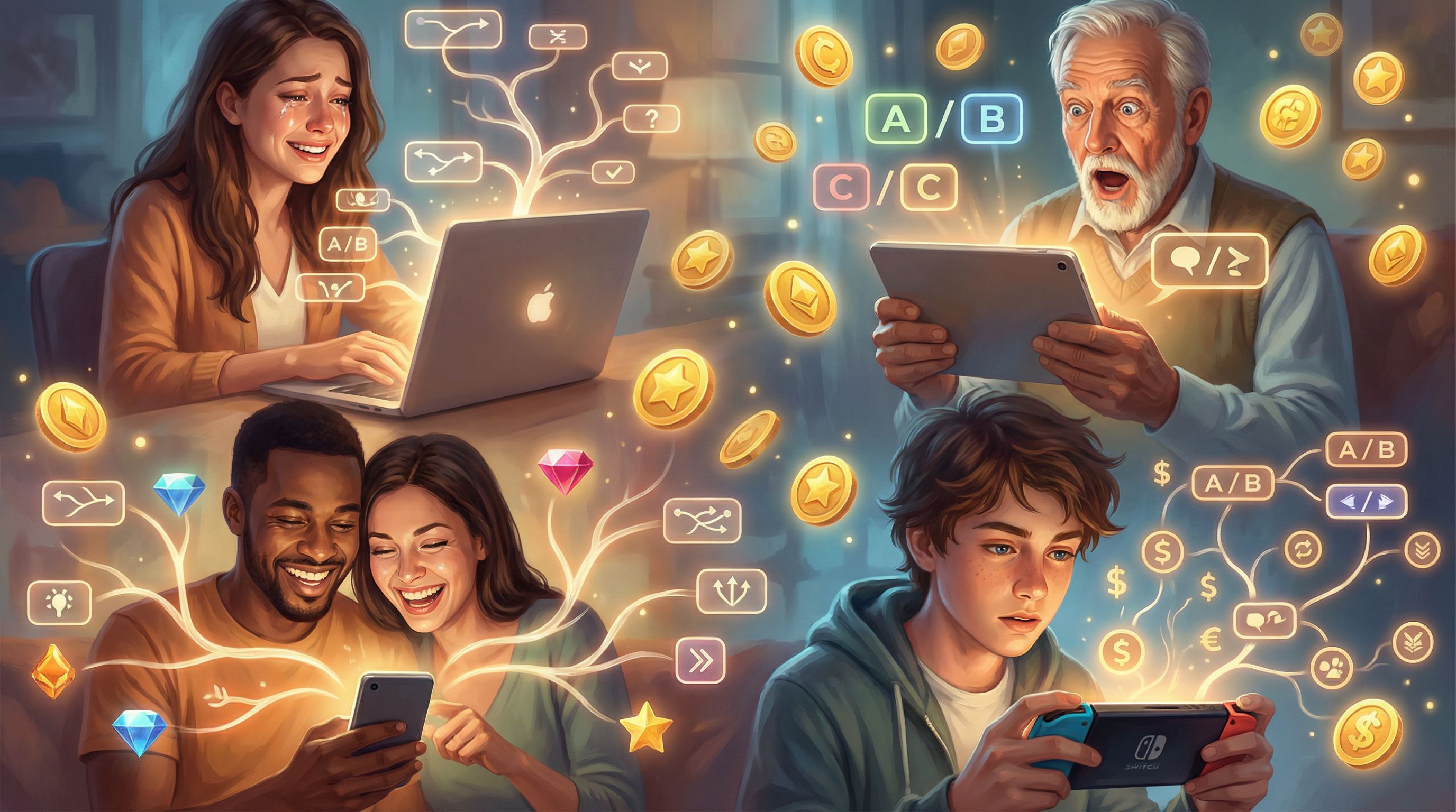 Montage-style image showing diverse players on different devices (laptop, tablet, phone) reacting em