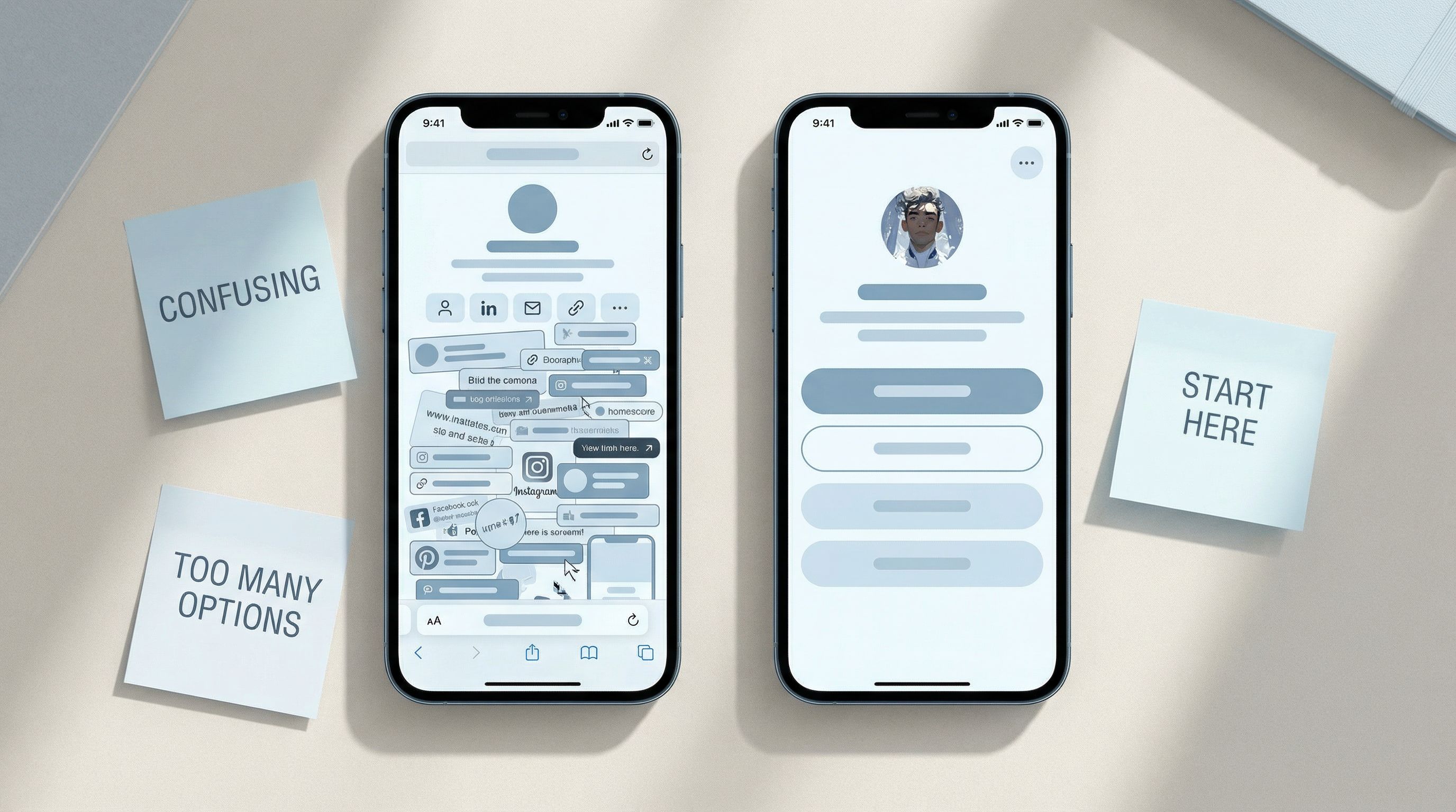 Flat-lay of a smartphone showing a cluttered, text-heavy link-in-bio page next to a clean, minimal r