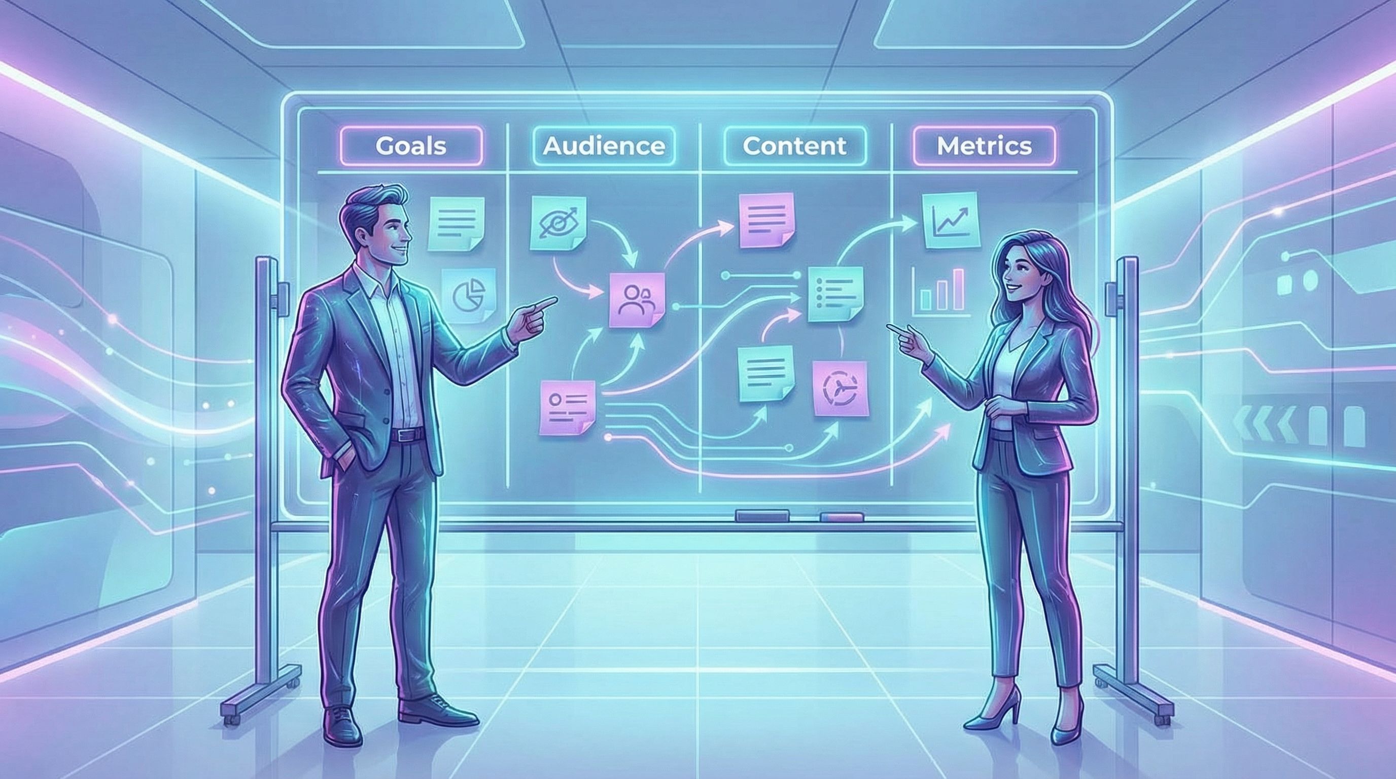 a founder and a marketer standing in front of a large whiteboard divided into columns labeled Goals,