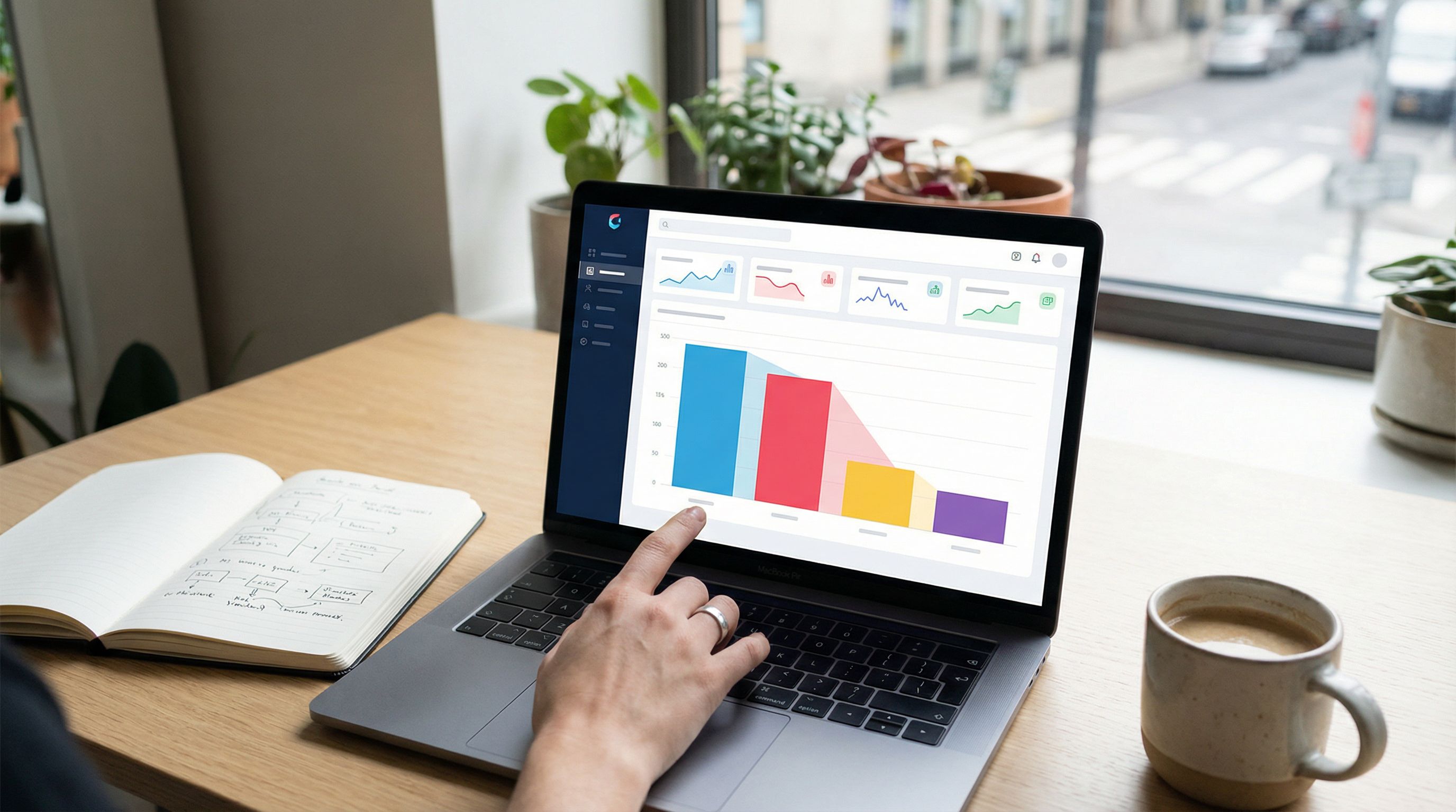 An analytics dashboard on a laptop screen showing a funnel chart with noticeable drop-off between st
