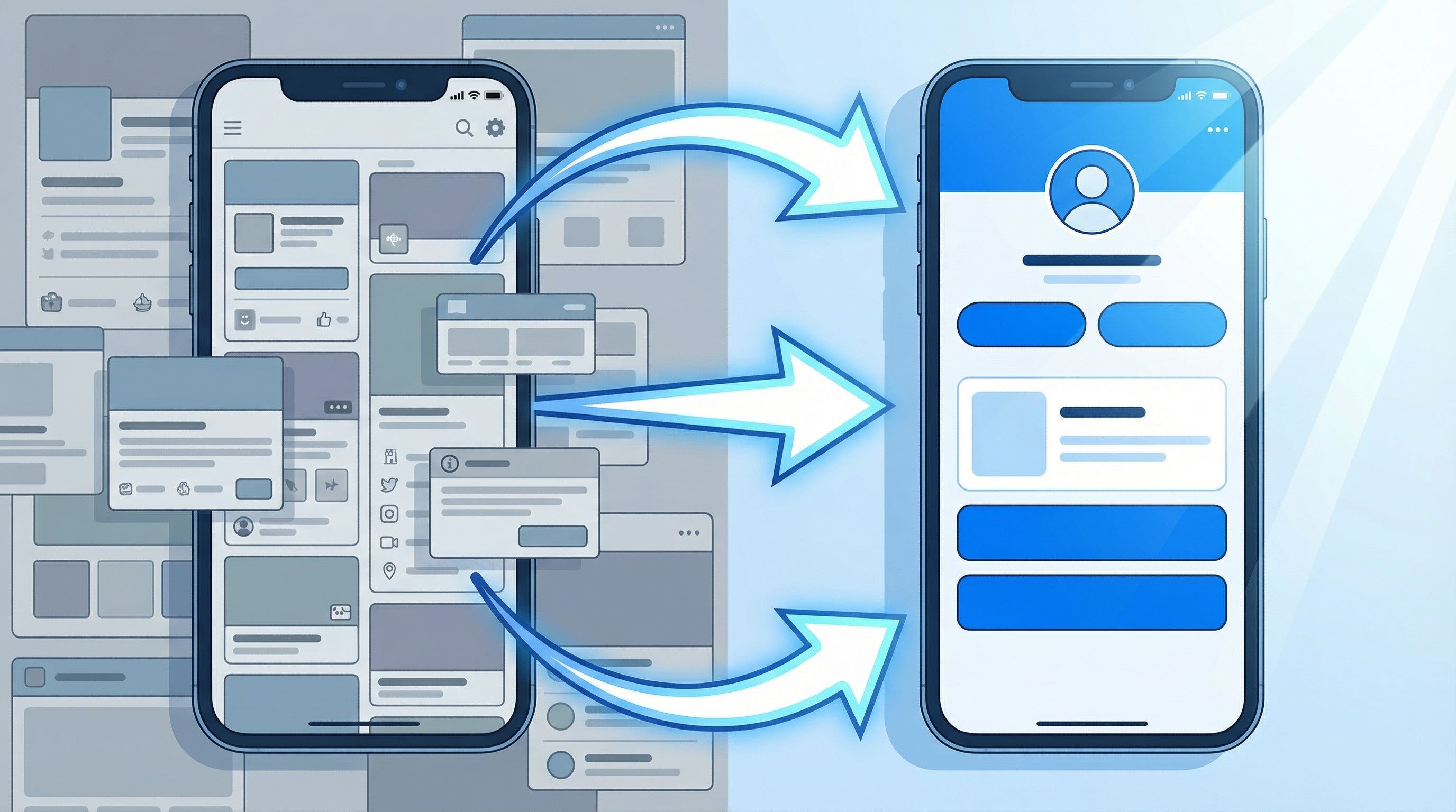 Split-screen image showing a cluttered, low-contrast link-in-bio page on one side and a clean, brand