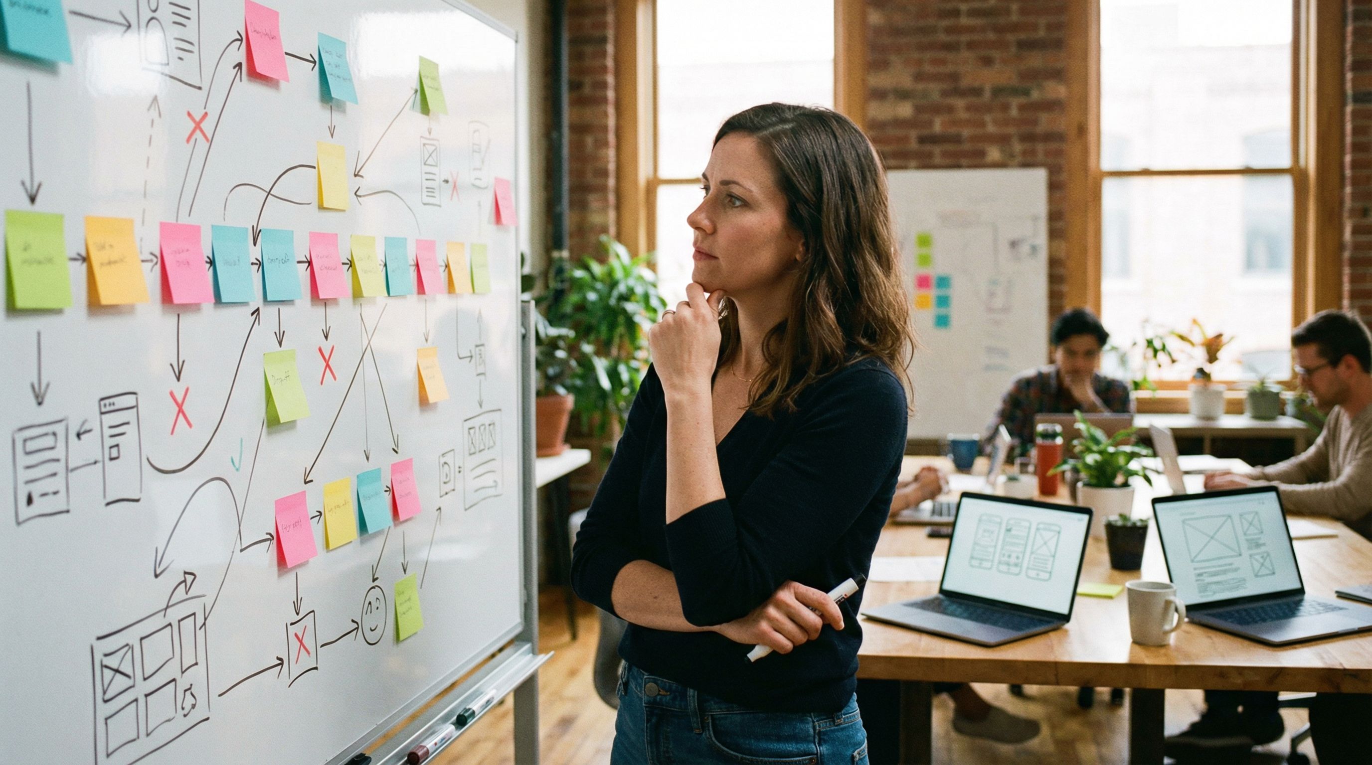A UX designer standing at a whiteboard covered with a sketched multi-step form flow, sticky notes re