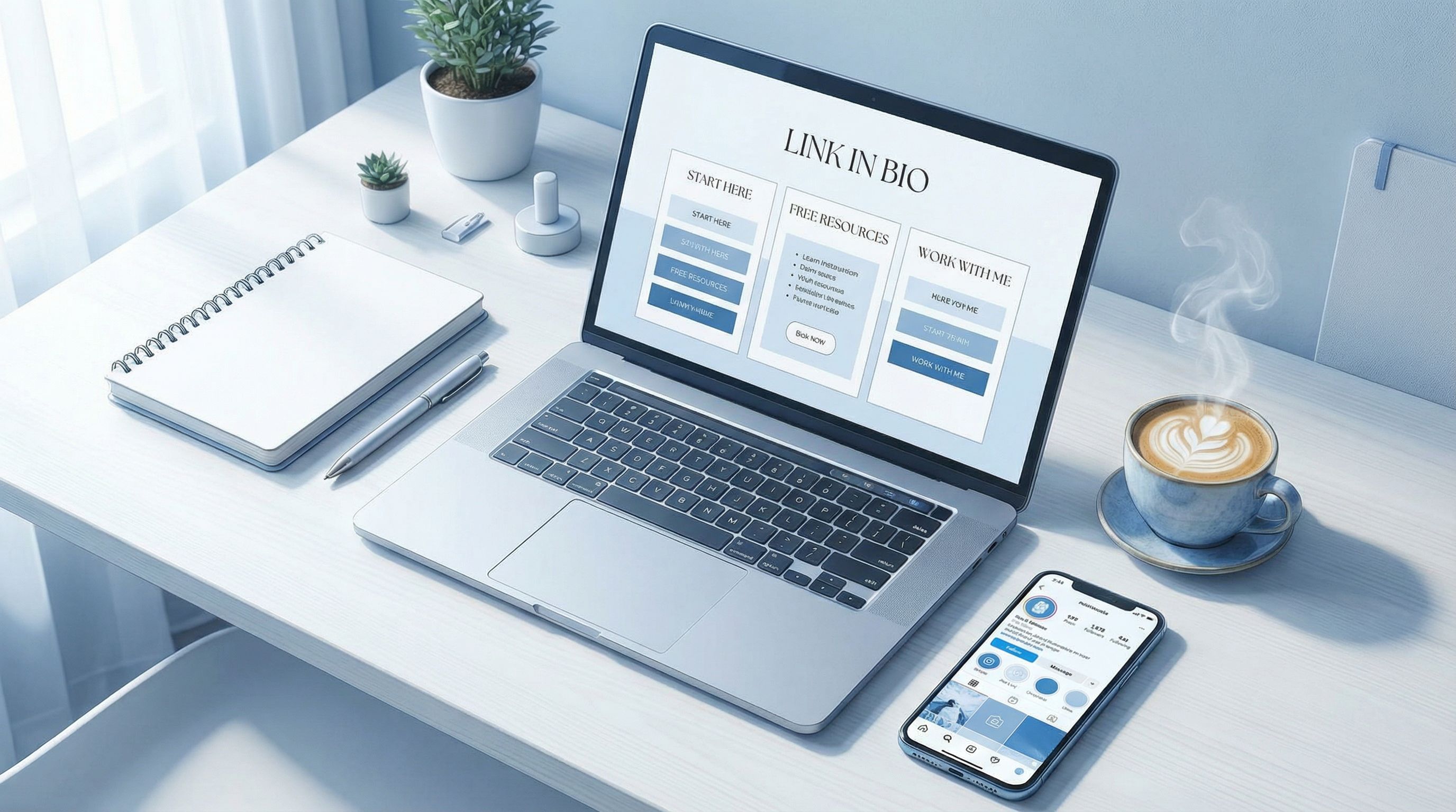 Overhead view of a creator’s laptop screen showing a clean, well-organized link-in-bio page with lab