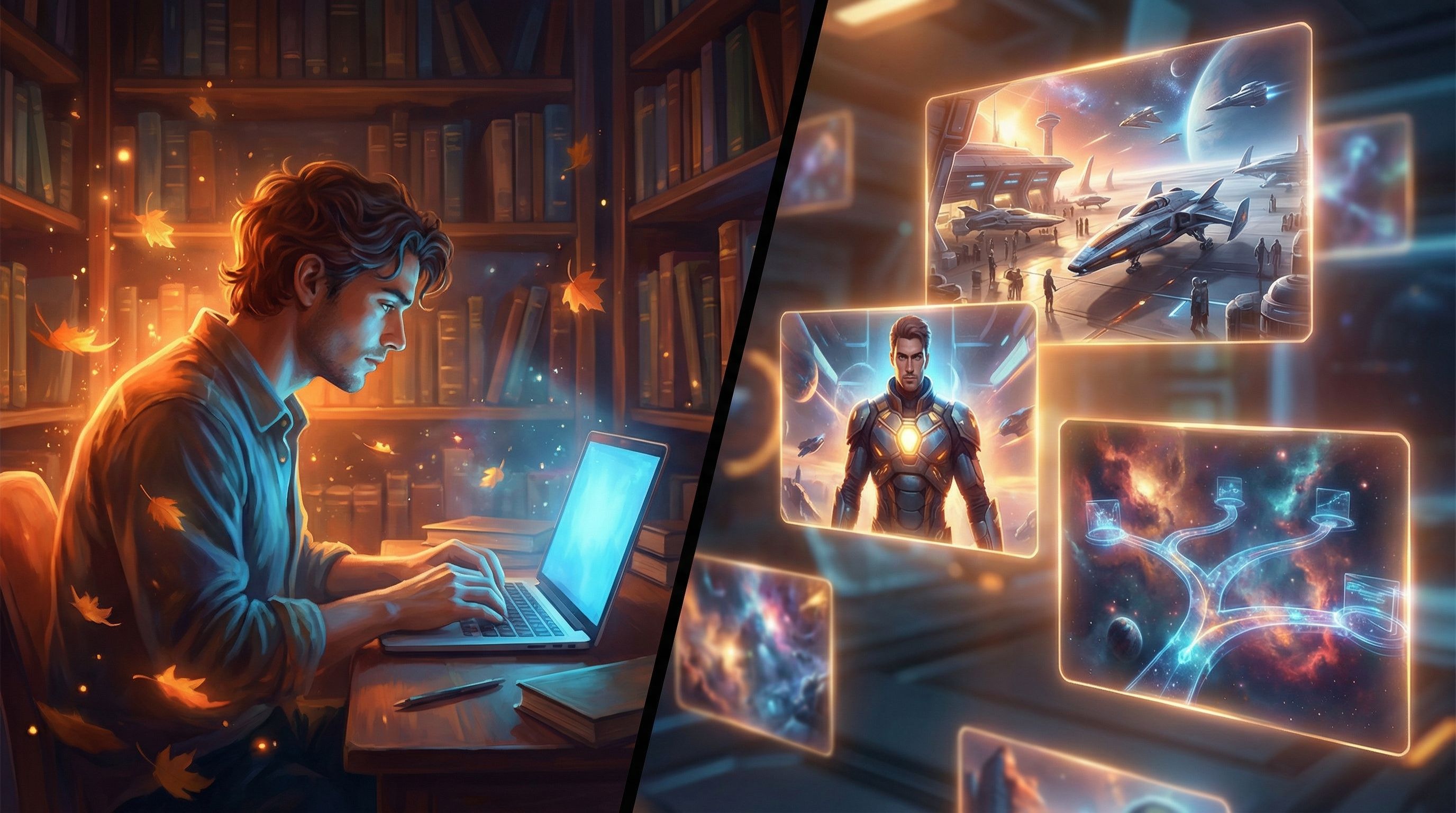 Cinematic split-screen composition where the left side shows a writer at a laptop drafting an intera