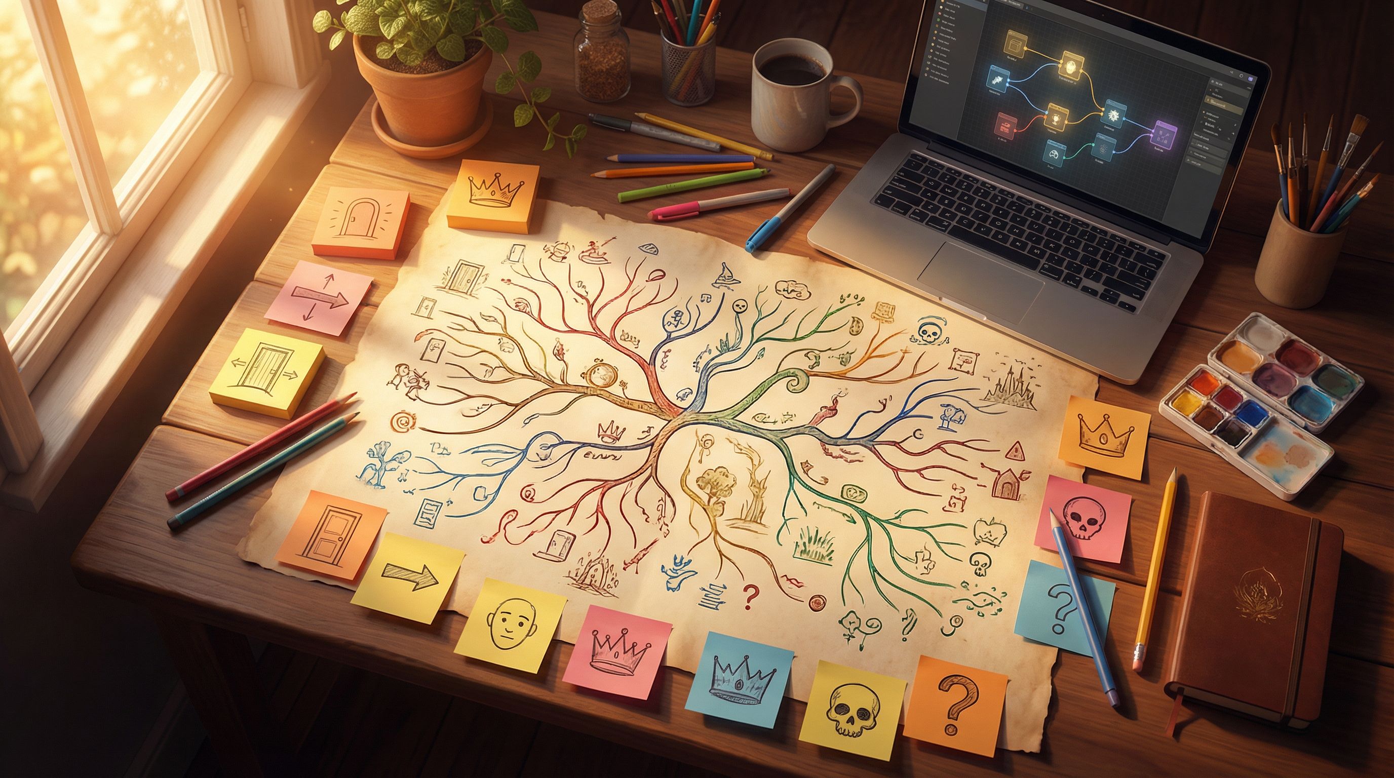 Overhead view of a creator’s desk with a hand-drawn branching story map on paper, sticky notes label