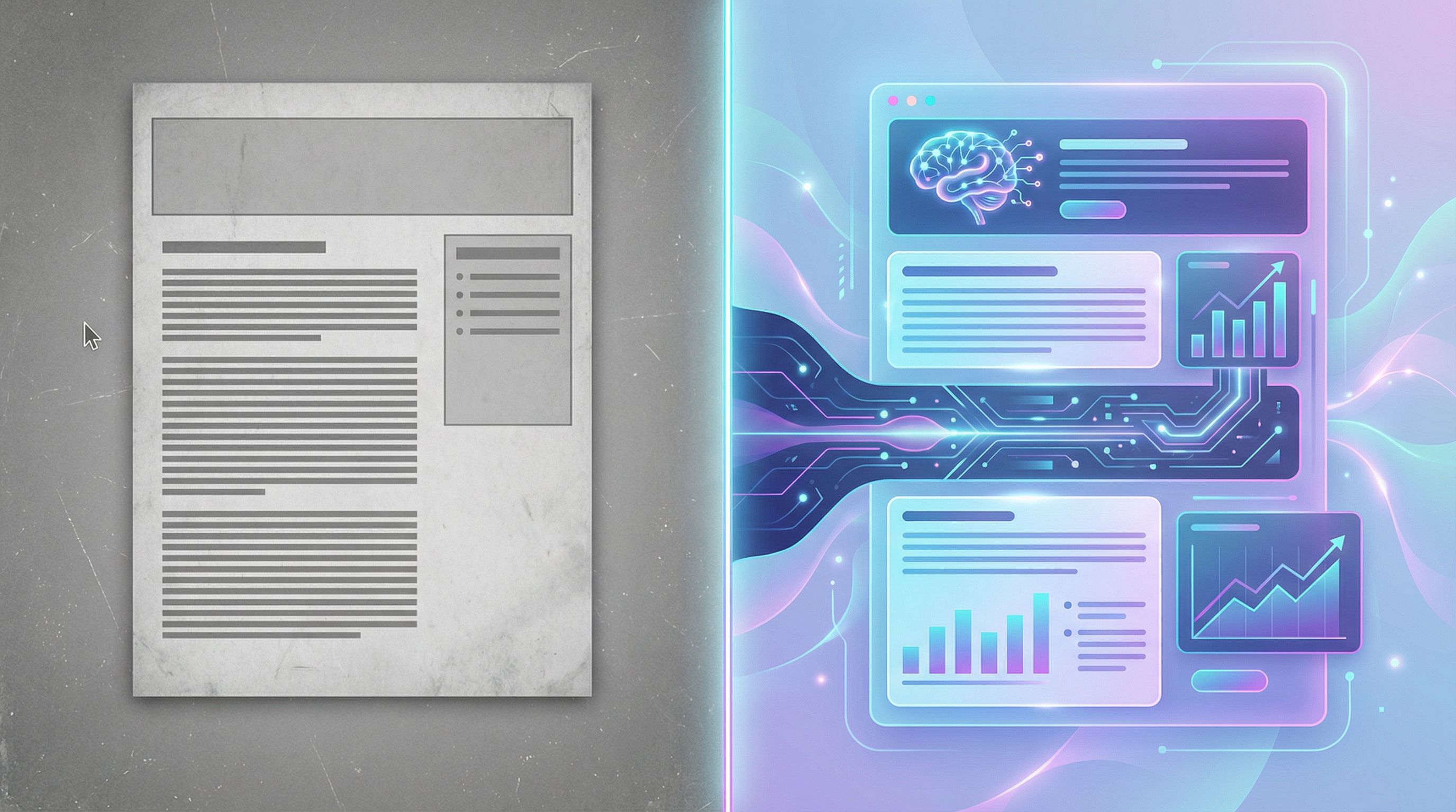 Split-screen image showing on the left an old, dull blog post layout in grayscale, and on the right