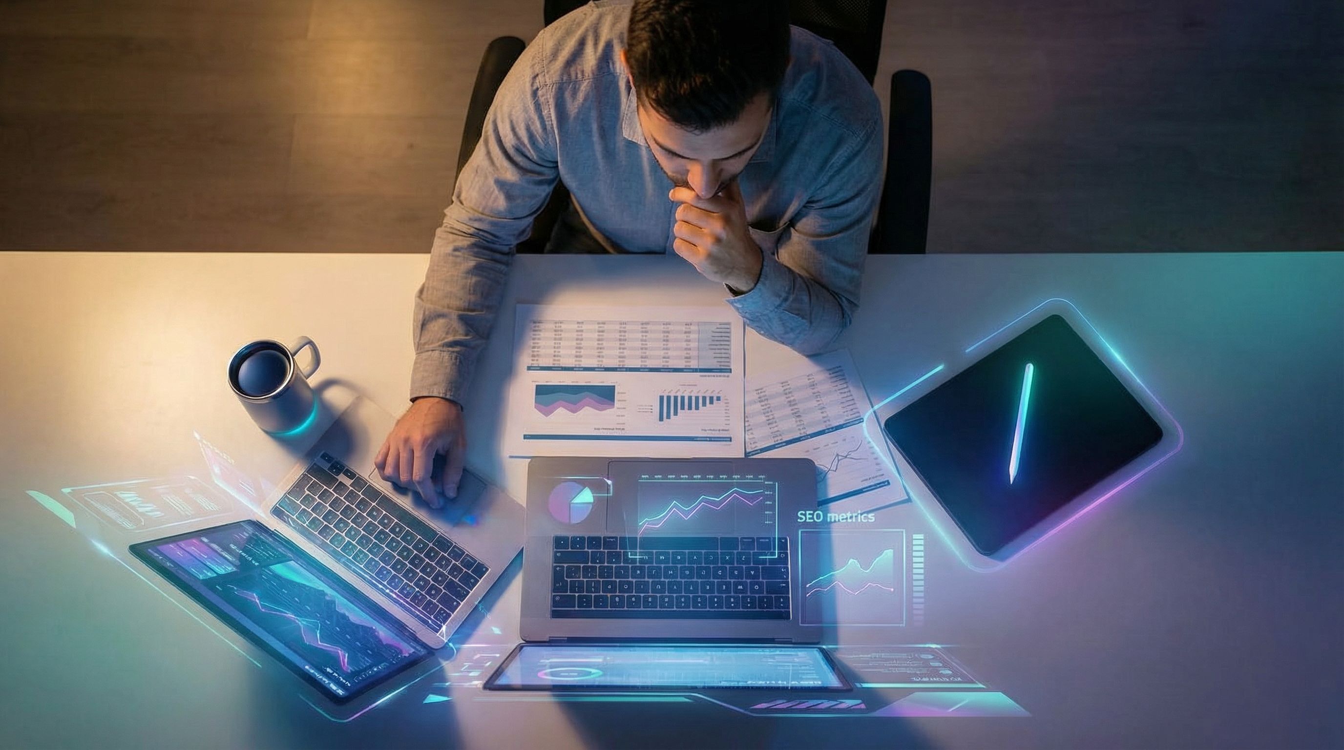 Overhead view of a marketer at a desk reviewing analytics dashboards on a laptop and printed spreads