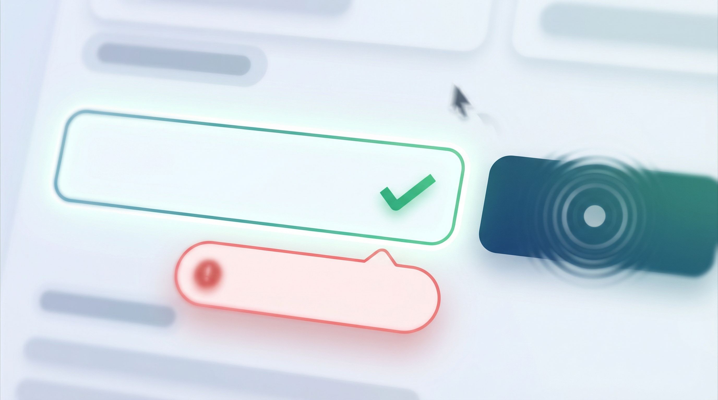 close-up UI of a form field with inline validation, a green checkmark, subtle error tooltip, and a p