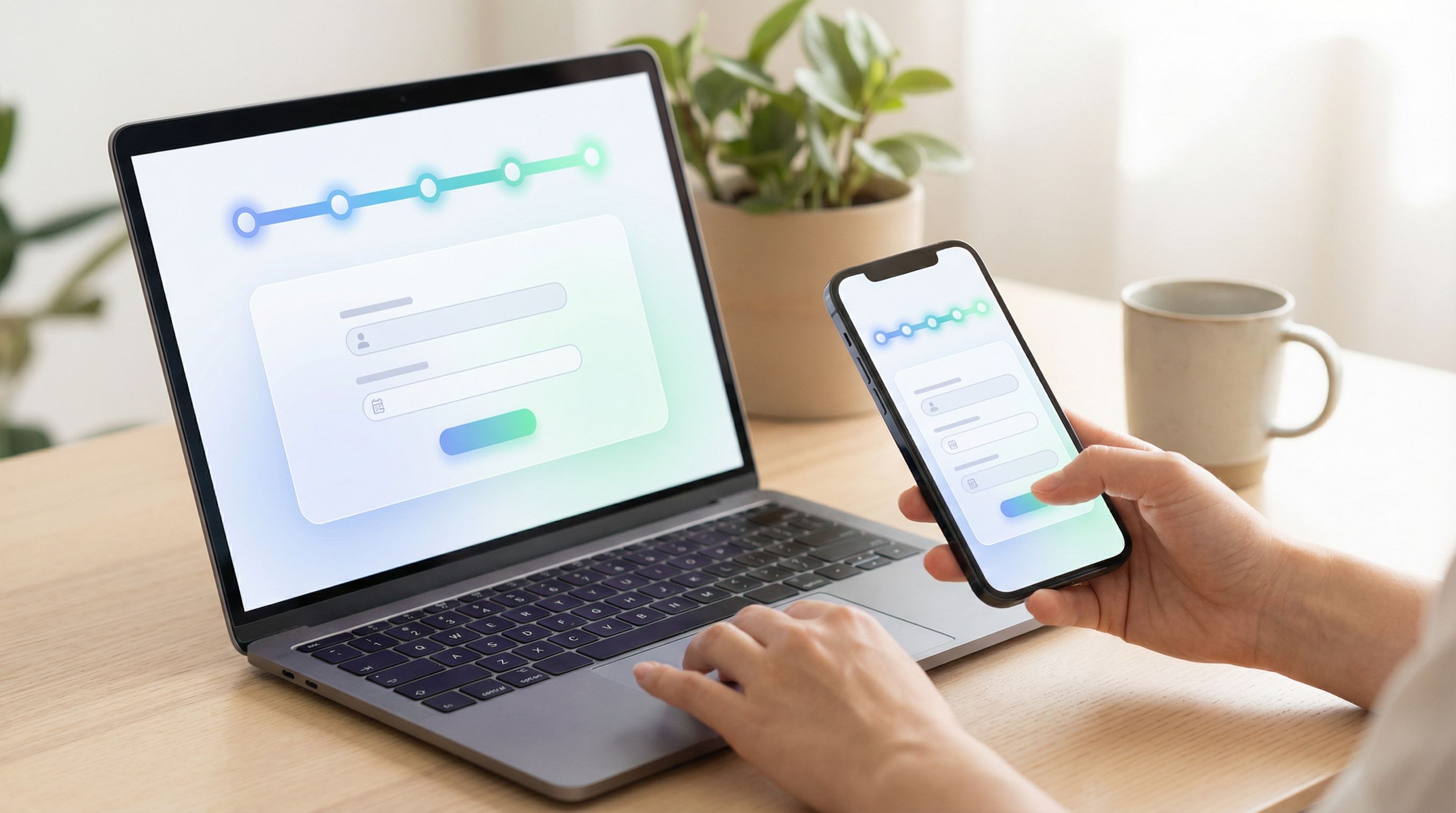a clean multi-step form interface on a laptop and phone, showing a horizontal progress stepper with