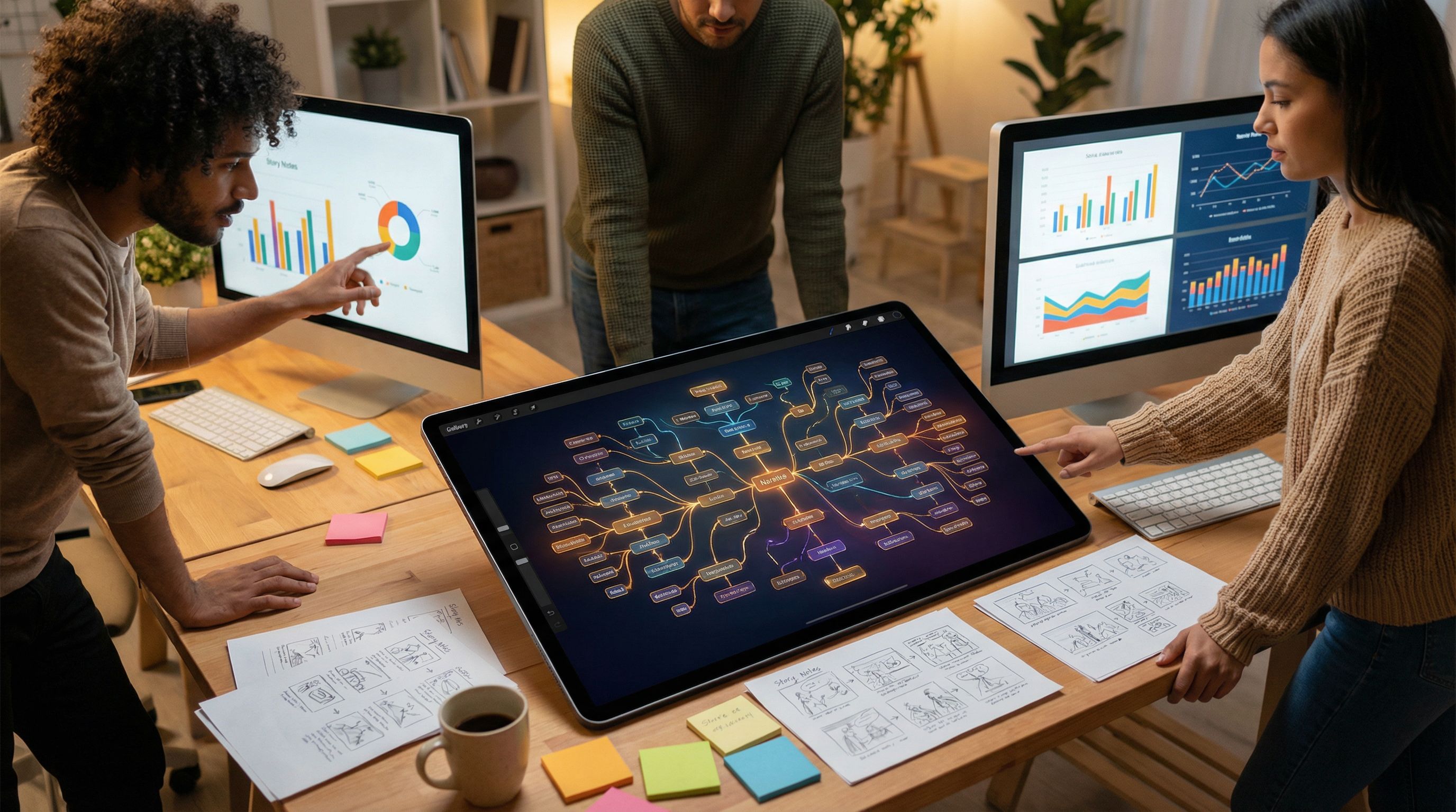 Overhead view of a large digital tablet on a wooden desk displaying a colorful branching narrative f