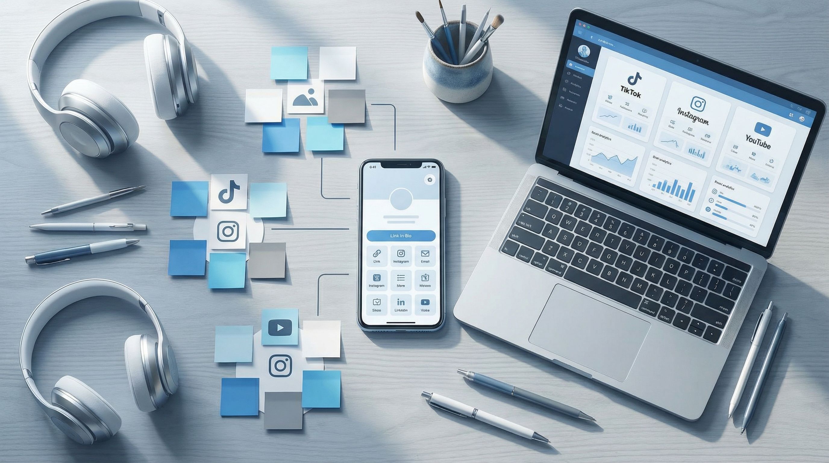 Flat lay of a creator’s workspace with a smartphone showing a Liinks-style link-in-bio page on scree