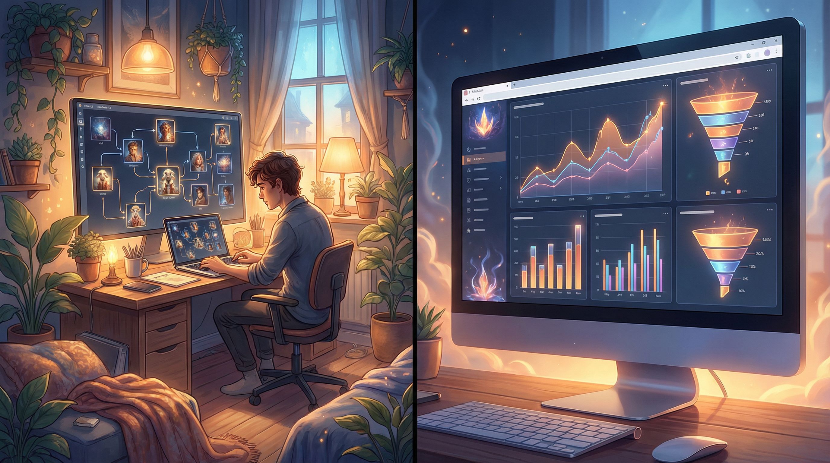 Split-screen composition showing on the left a focused creator at a laptop editing a branching story