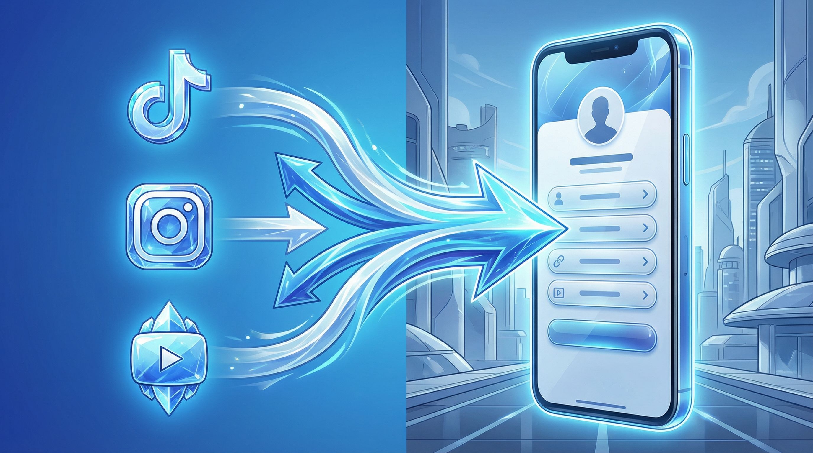Split-screen conceptual illustration showing TikTok, Instagram, and YouTube app icons on the left fe