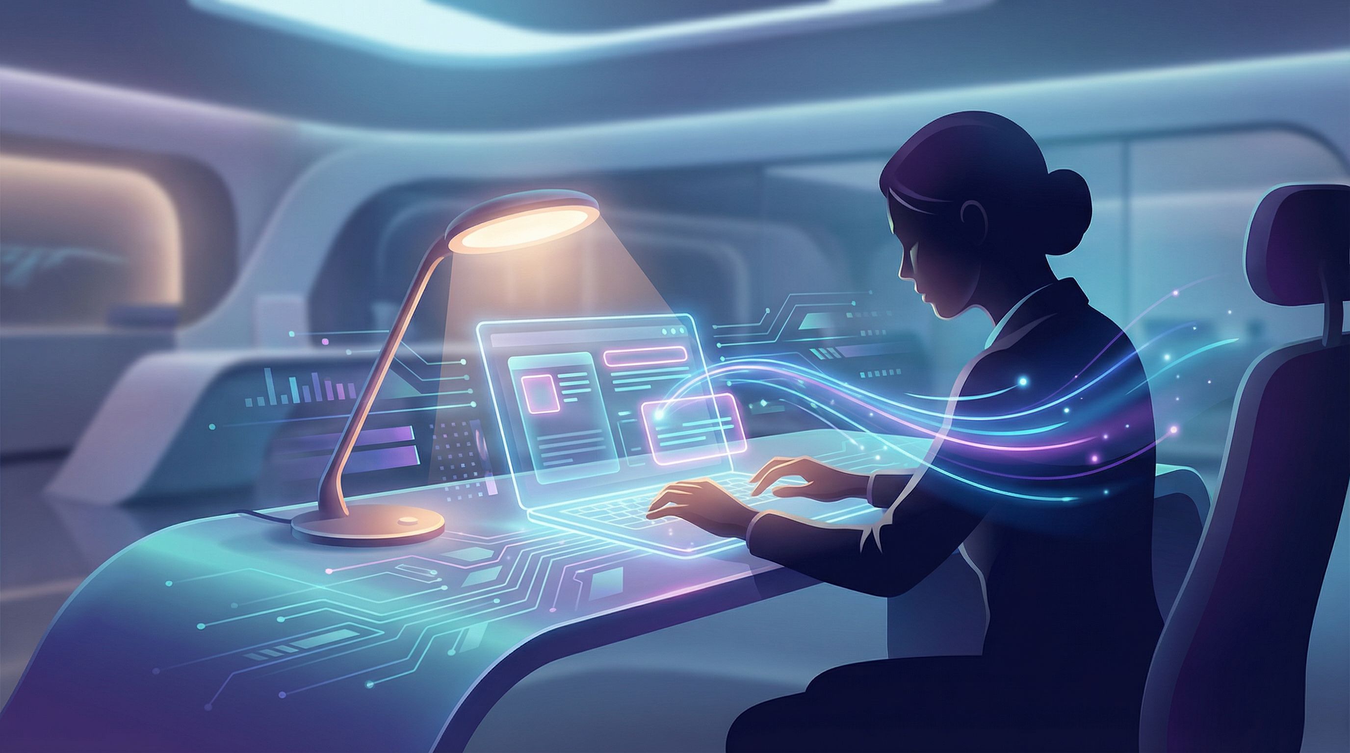 a marketer at a desk reviewing AI-generated blog drafts on a laptop, with highlighted sections and h