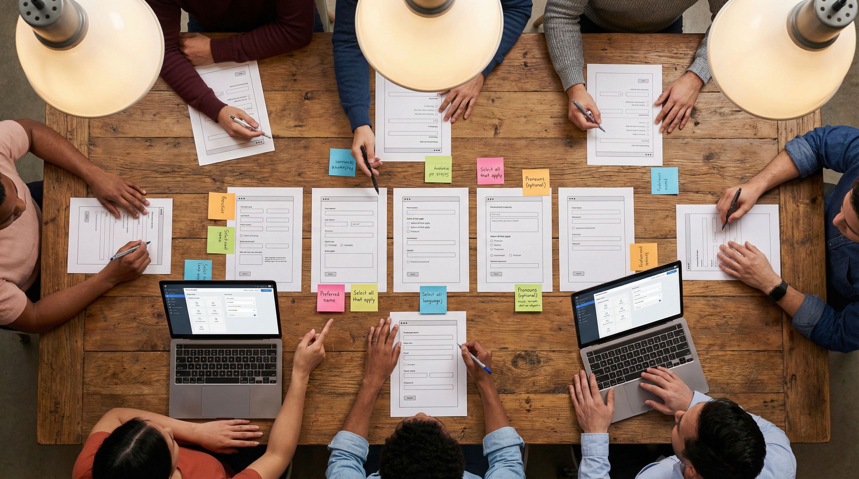 Overhead view of a diverse group of people around a large table covered with printed wireframes of f