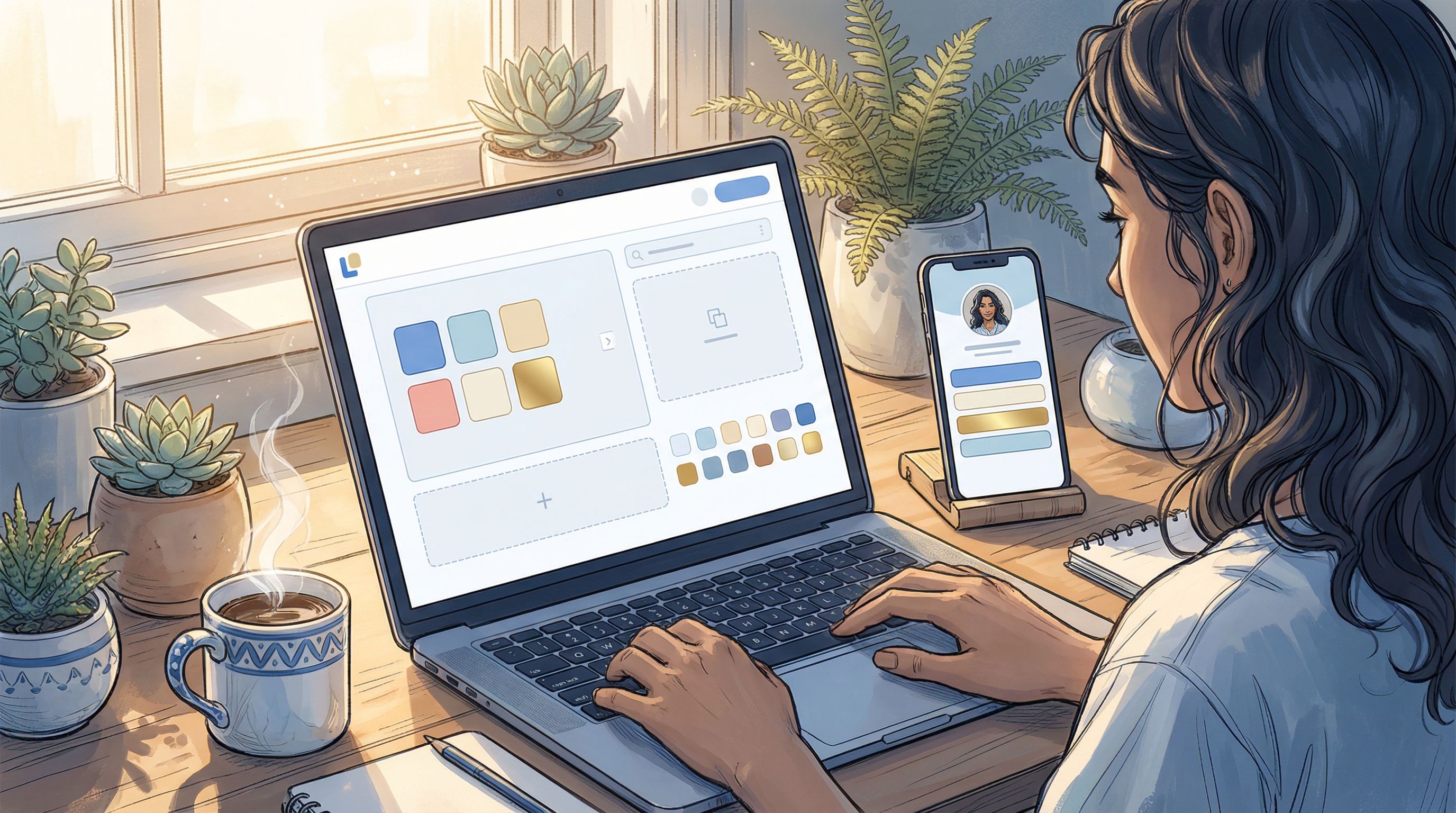 over-the-shoulder view of a creator at a laptop designing a Liinks page, with the screen showing a c