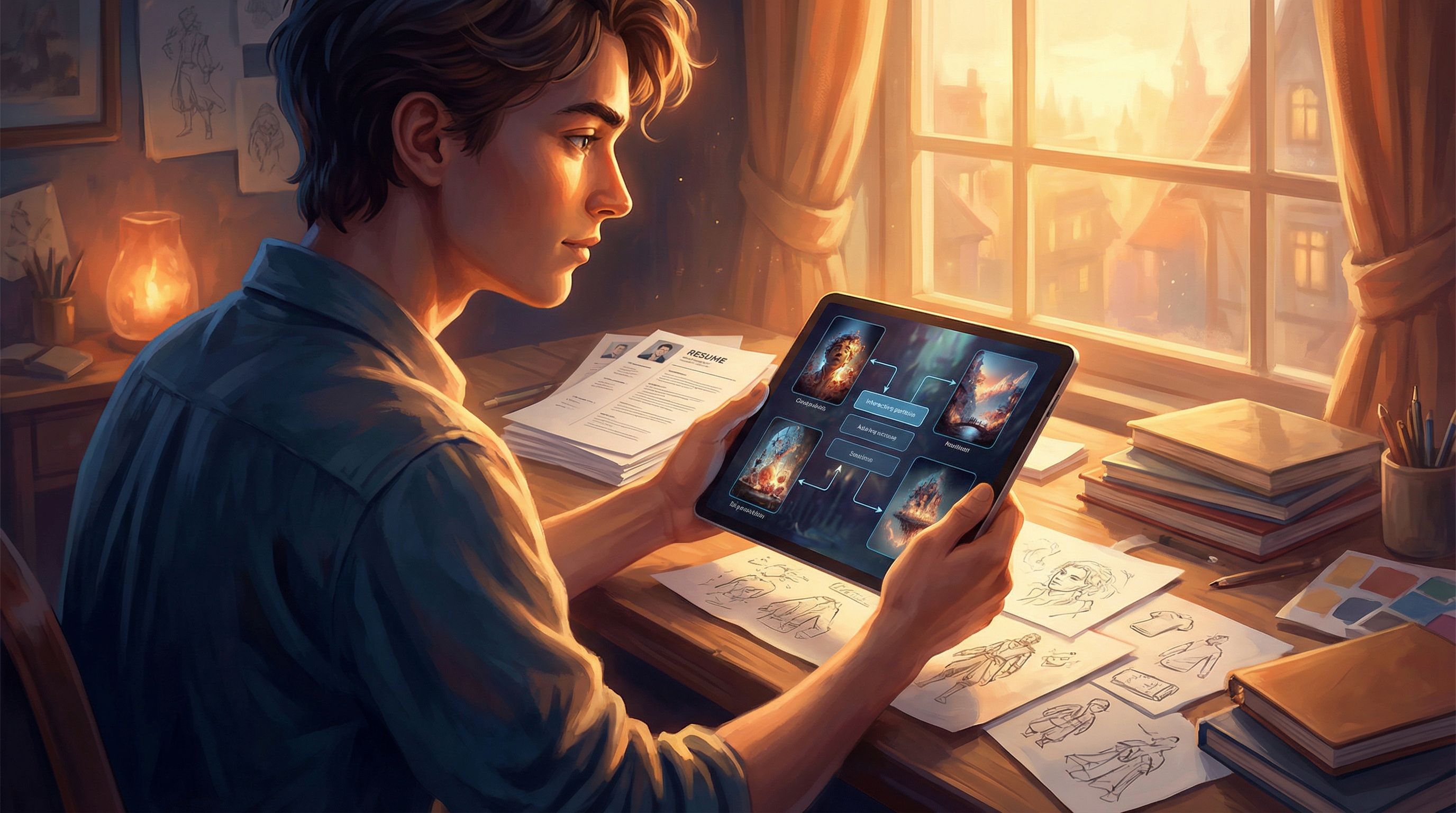 a person reviewing an interactive story on a tablet that showcases portfolio case studies, with bran