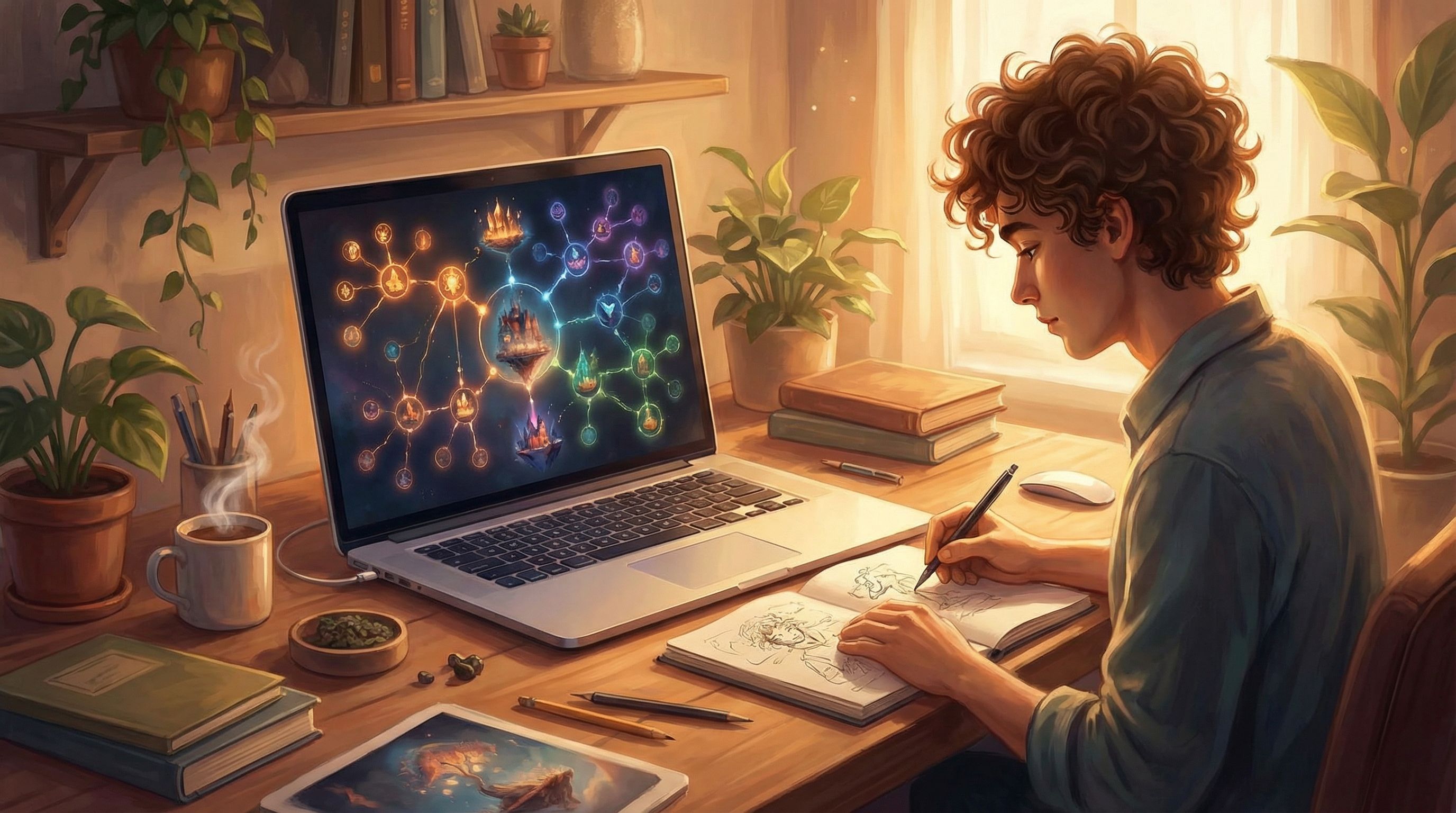 a laptop screen showing an interactive branching story map for a portfolio, with colorful nodes and