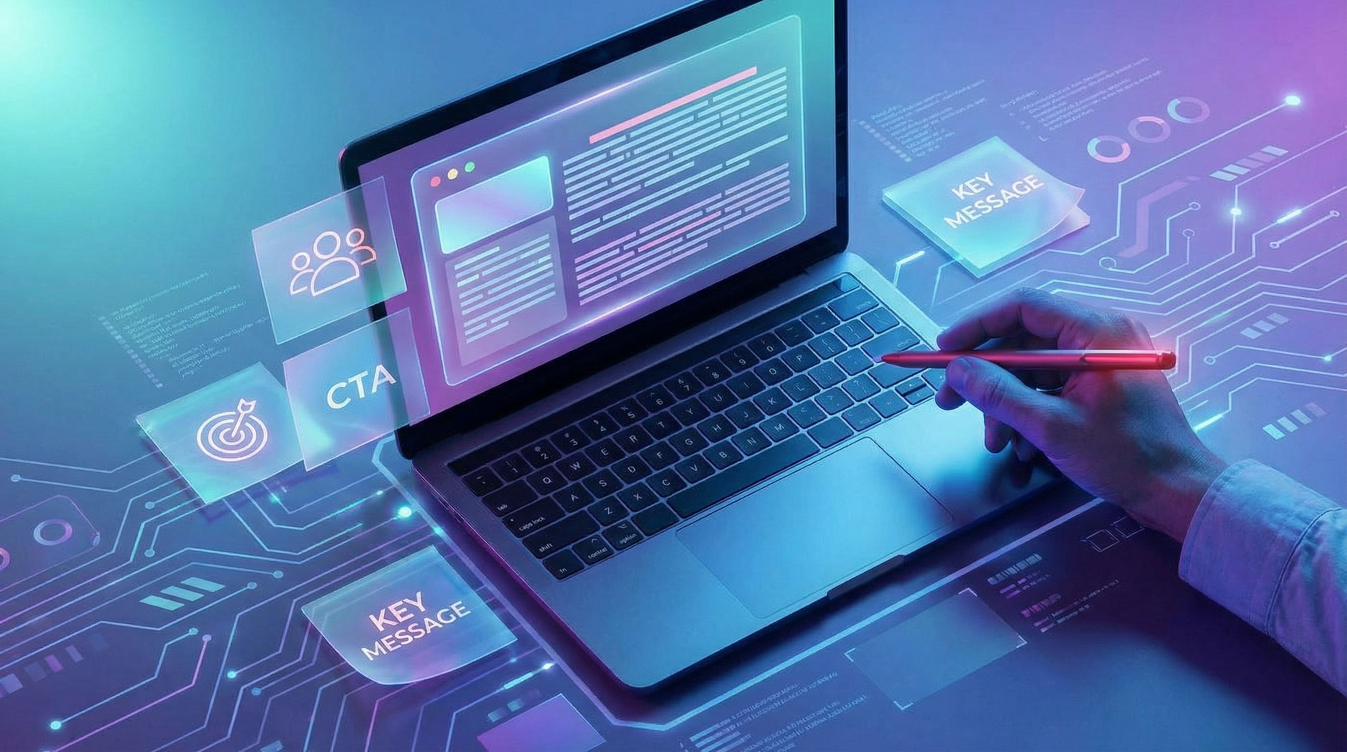 an overhead view of a marketer’s desk with a laptop showing an AI-generated blog draft, surrounded b