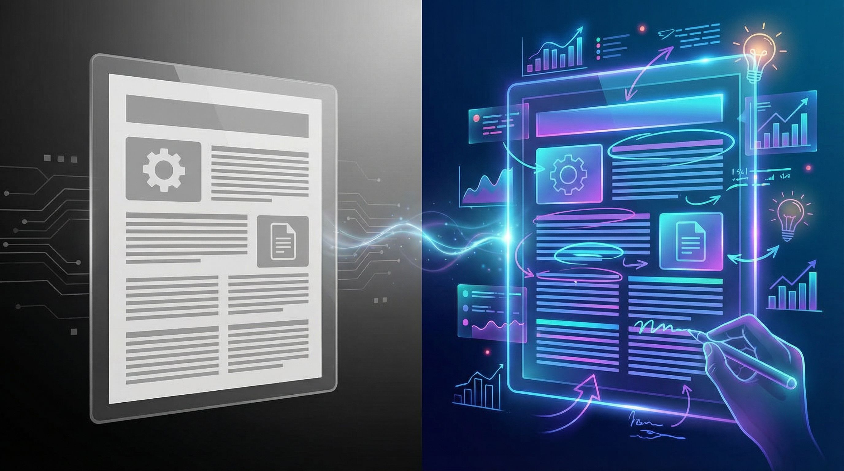 split-screen illustration showing on the left a bland, grey AI-generated article with generic icons,