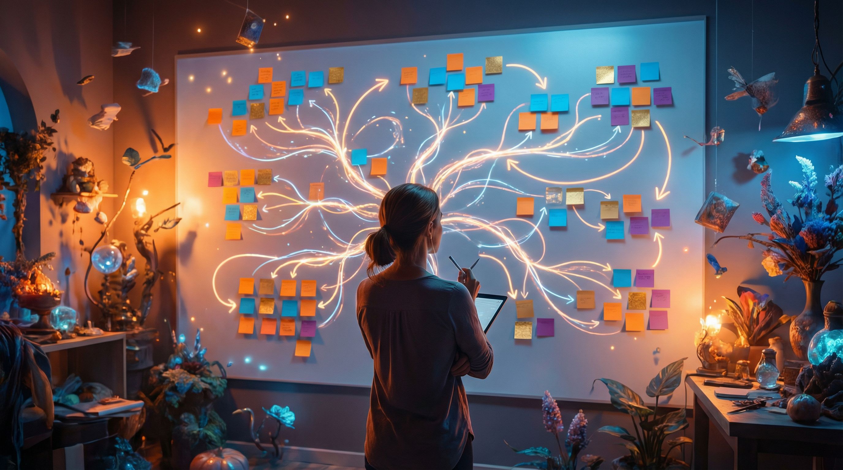 A whiteboard or digital canvas filled with a branching story map, colorful sticky notes, and arrows