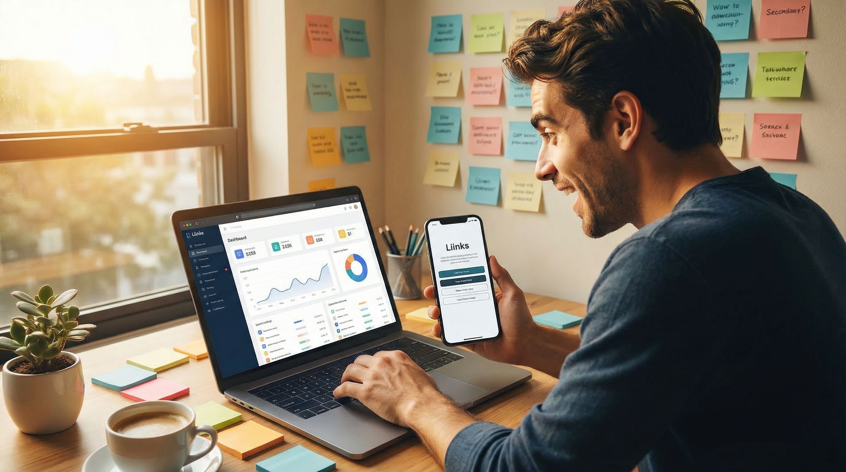 a creator at a desk planning a product launch with sticky notes, a laptop open to a link-in-bio dash