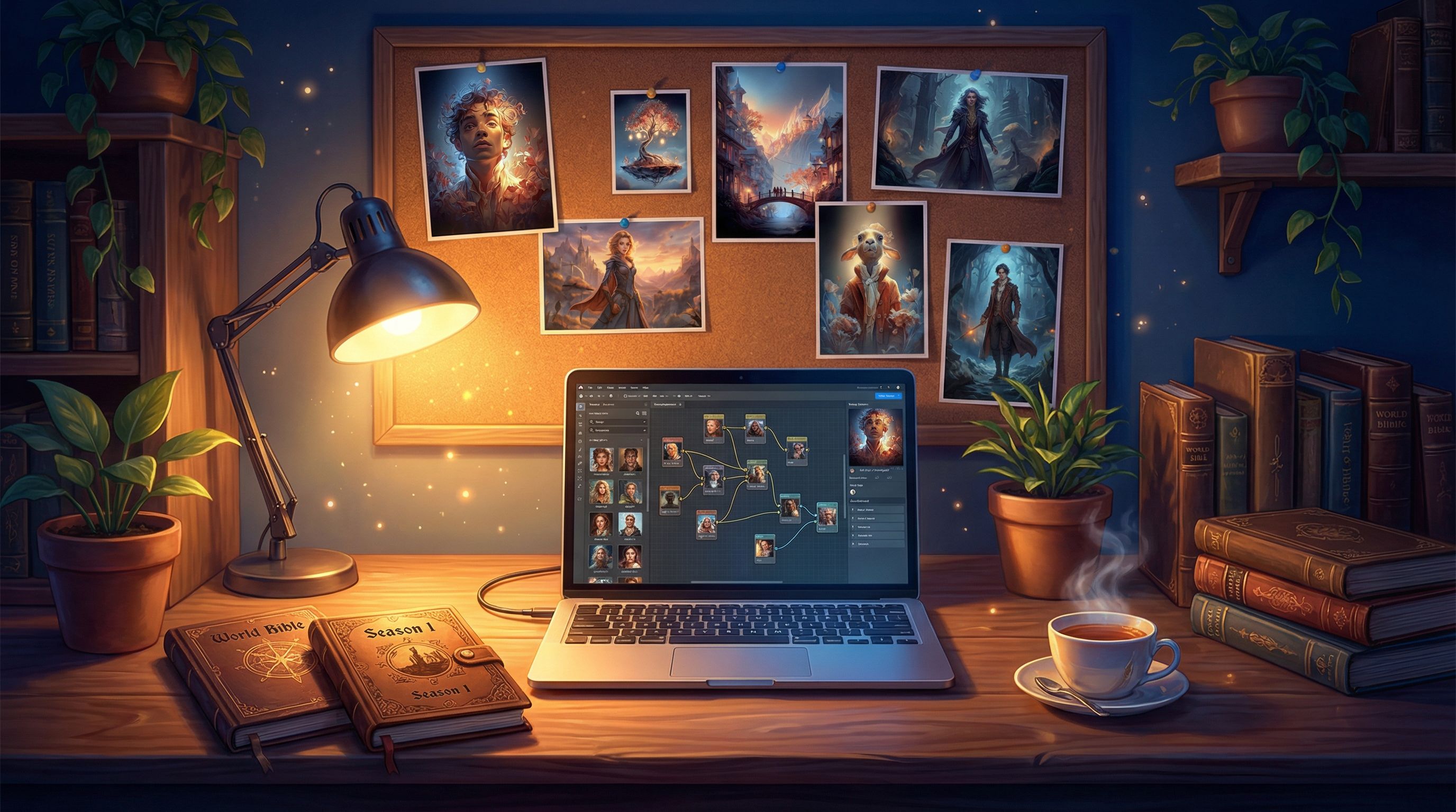 A cozy writer’s workspace with a laptop open to a visual story editor, notebooks labeled ‘World Bibl