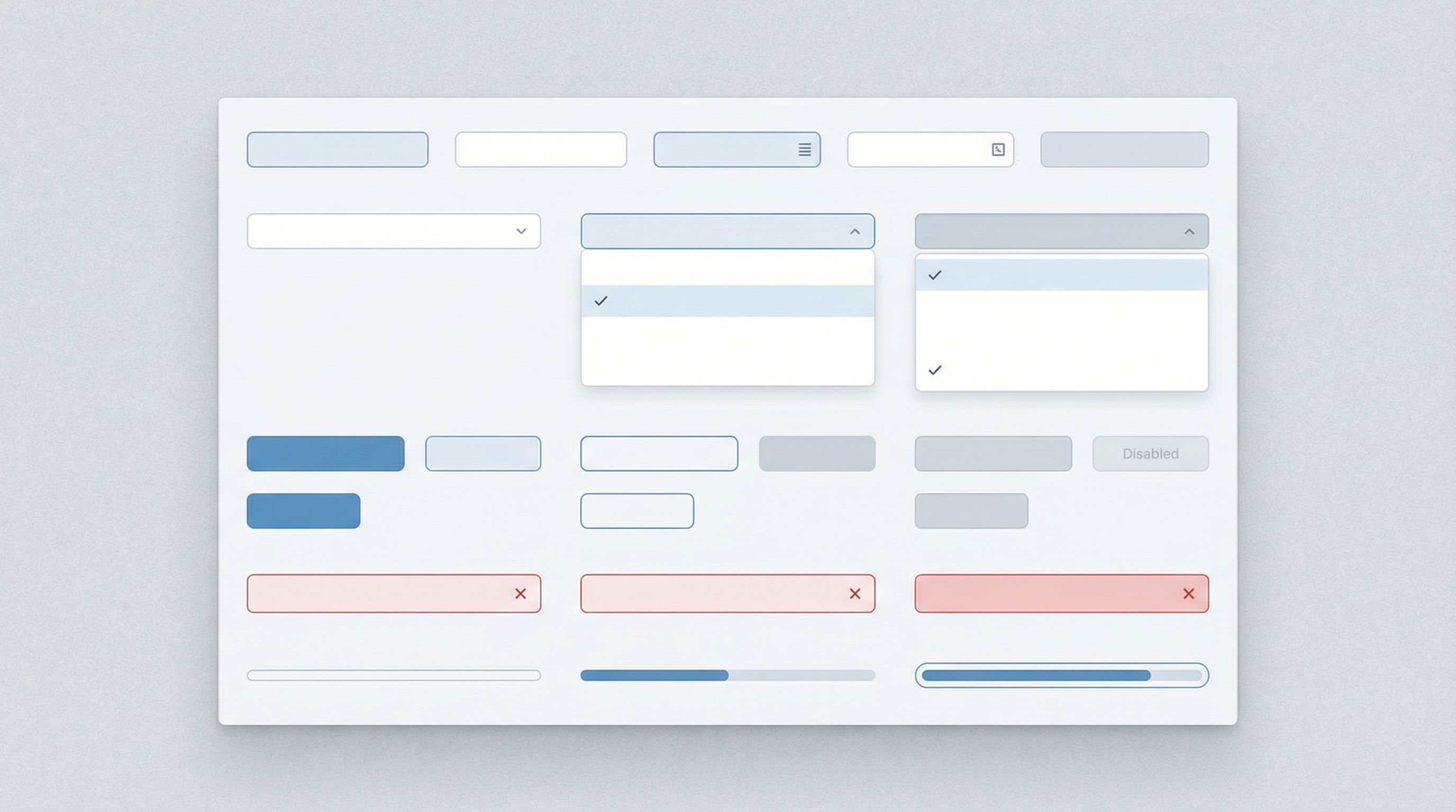 UI style guide panel showing a grid of form components—inputs, dropdowns, buttons, error messages, a