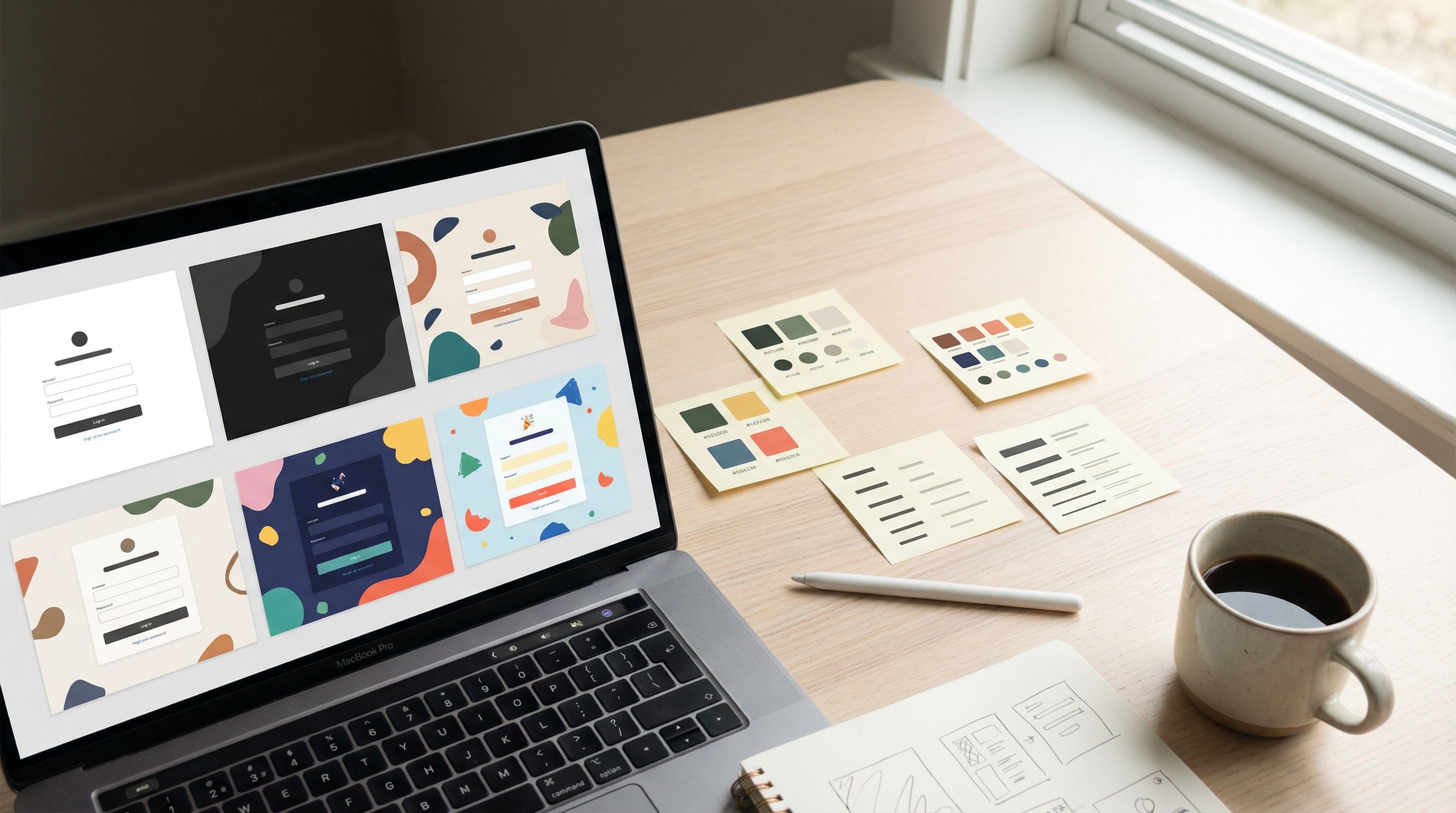 Overhead view of a designer’s desk with a laptop showing multiple form mockups in different but cons