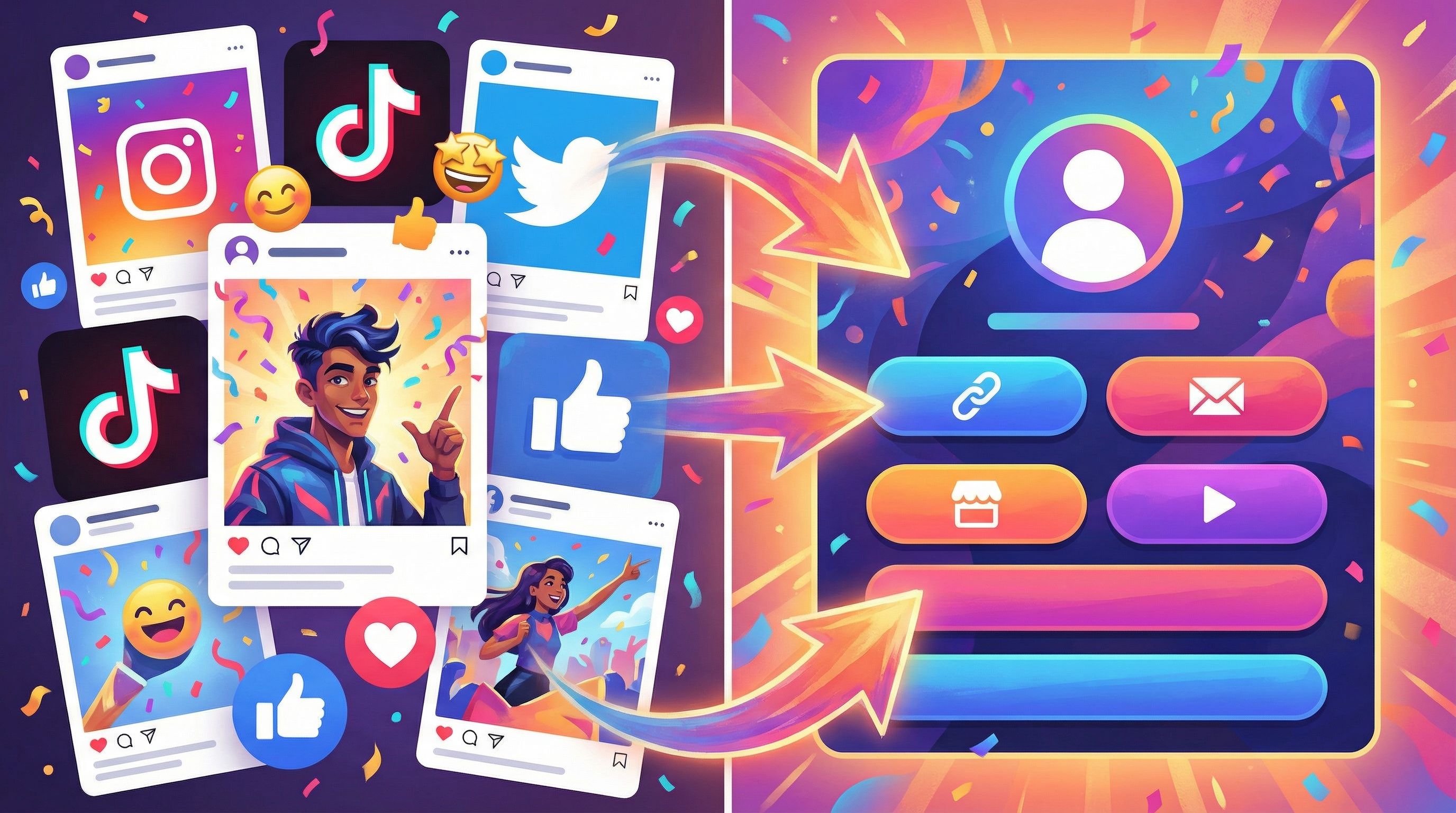 a split-screen style image showing social media posts on one side and a bold, colorful Liinks-style
