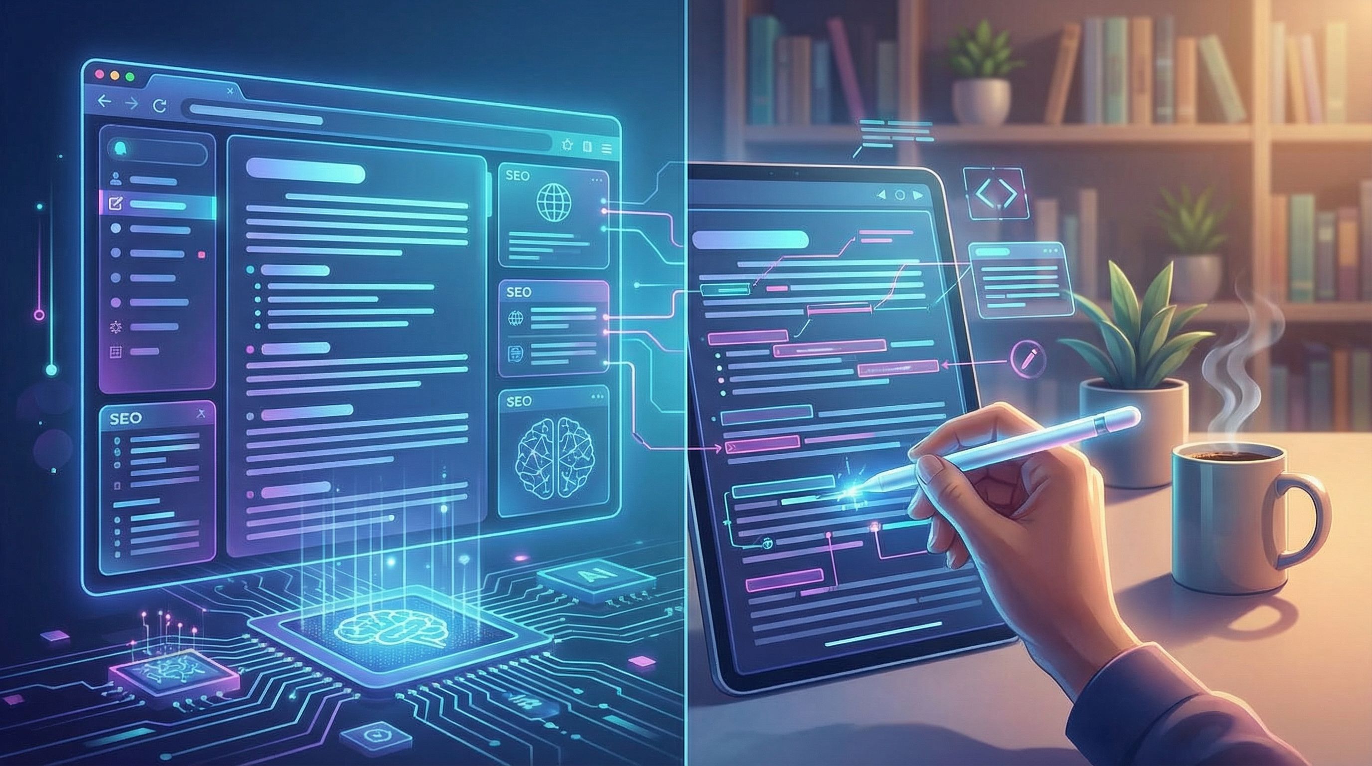 Split-screen illustration showing on the left side an AI writing interface generating a structured b